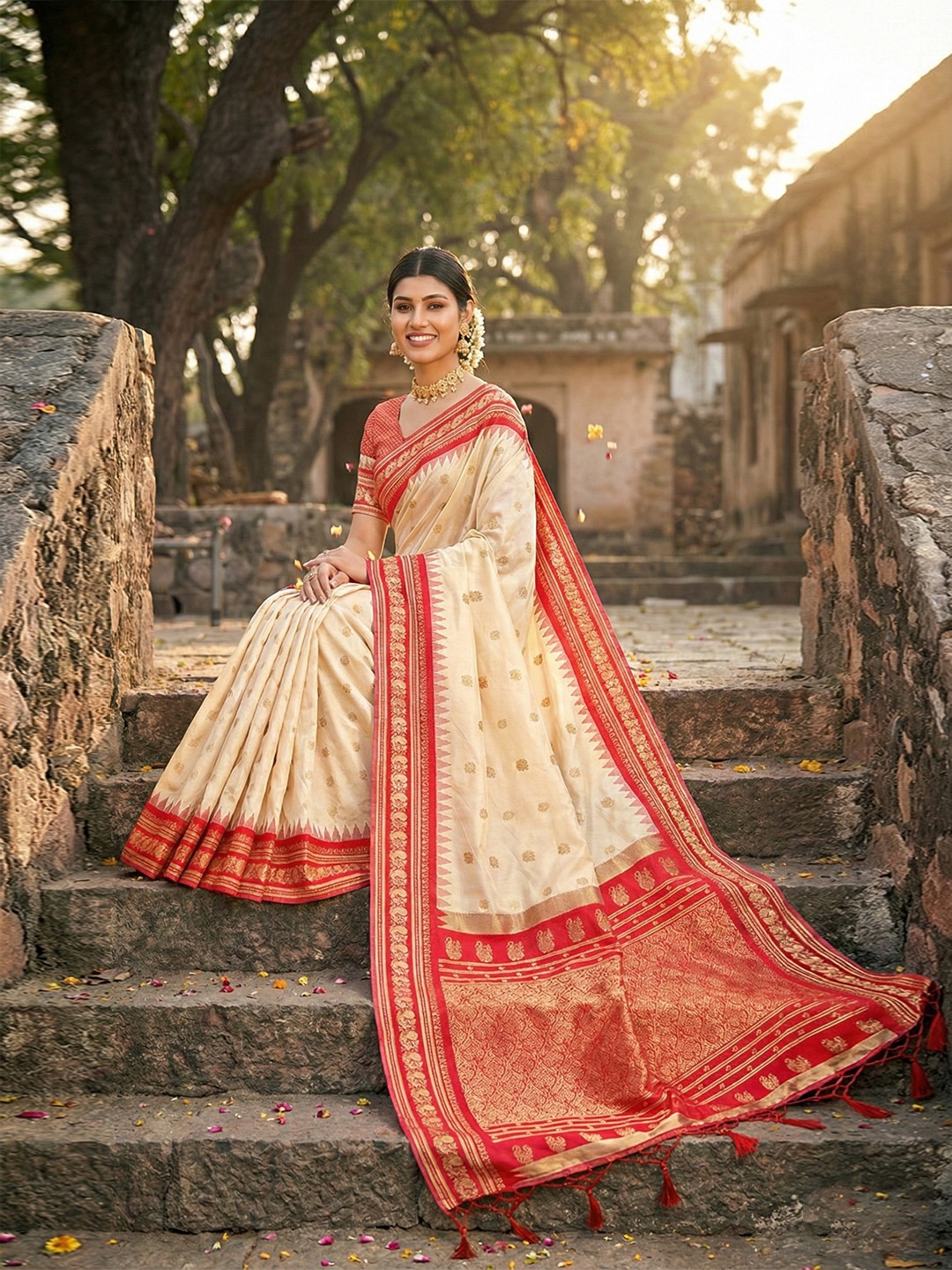 Elegant Cream Heritage Weave Soft Silk Saree