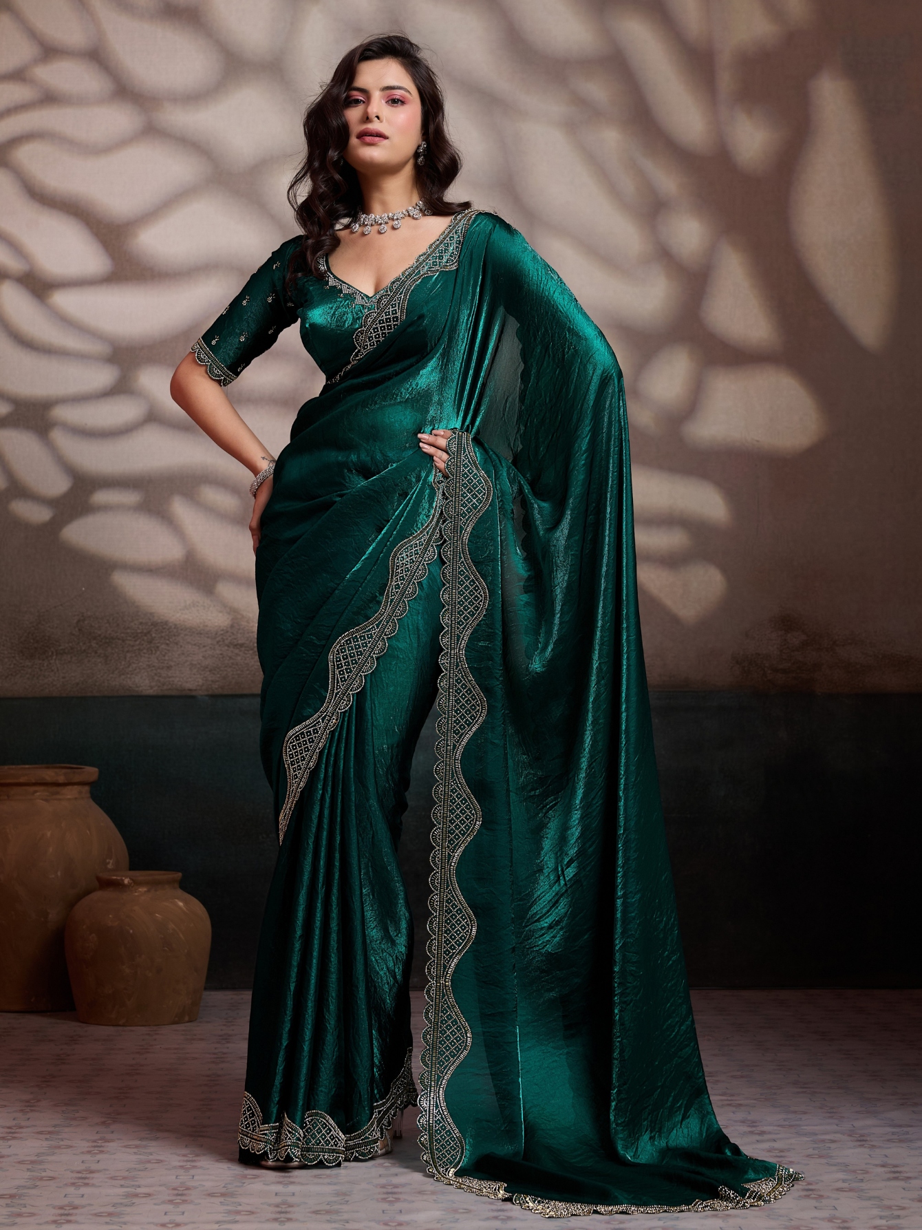 Emerald Cutdana Zarkan Velvet Satin Saree