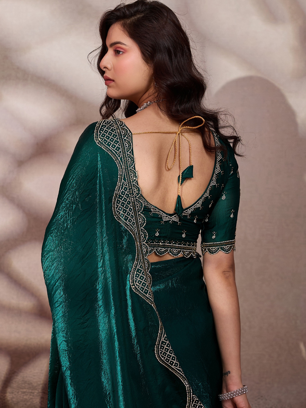 Emerald Cutdana Zarkan Velvet Satin Saree — alternate view