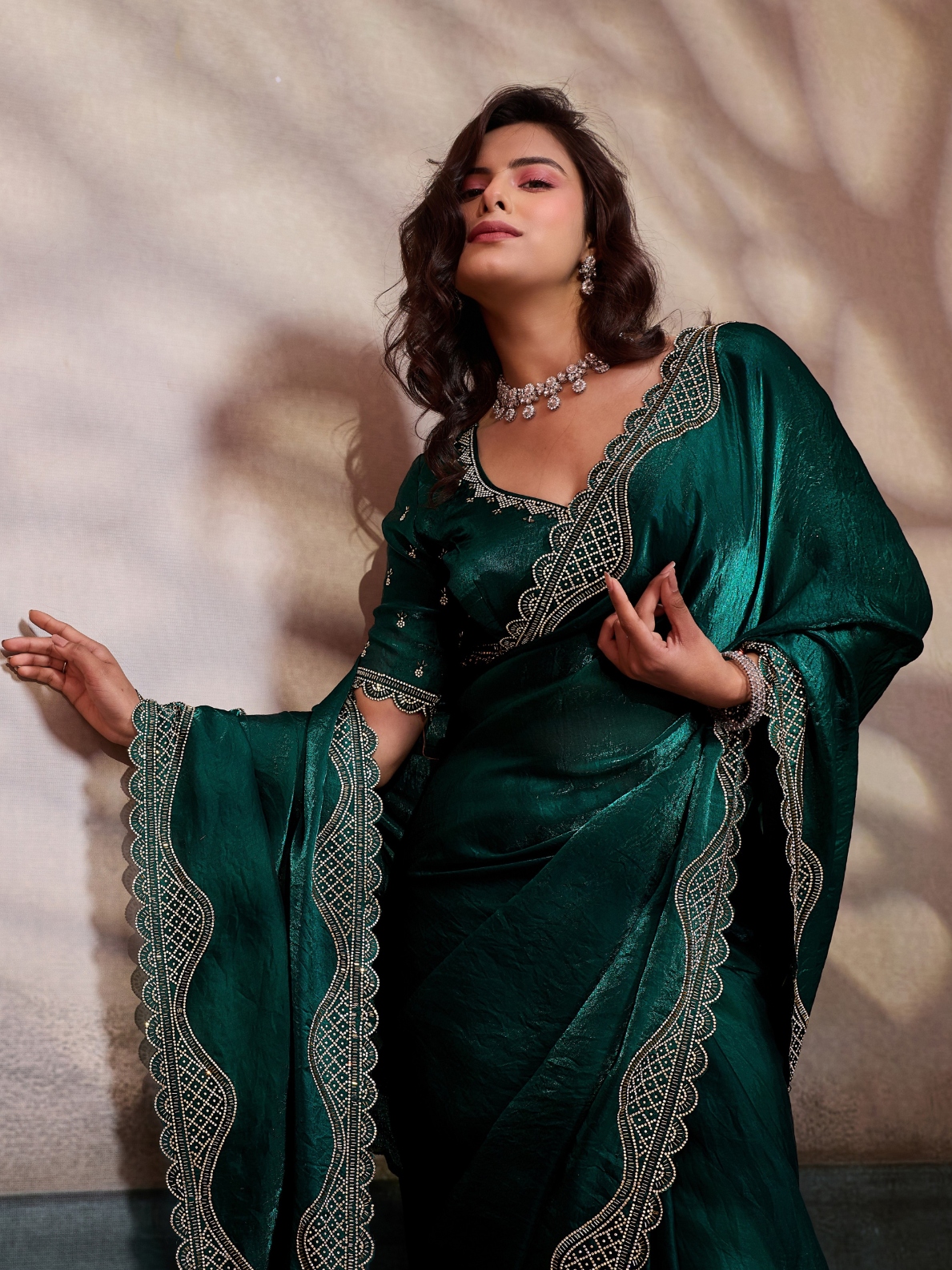 Emerald Cutdana Zarkan Velvet Satin Saree