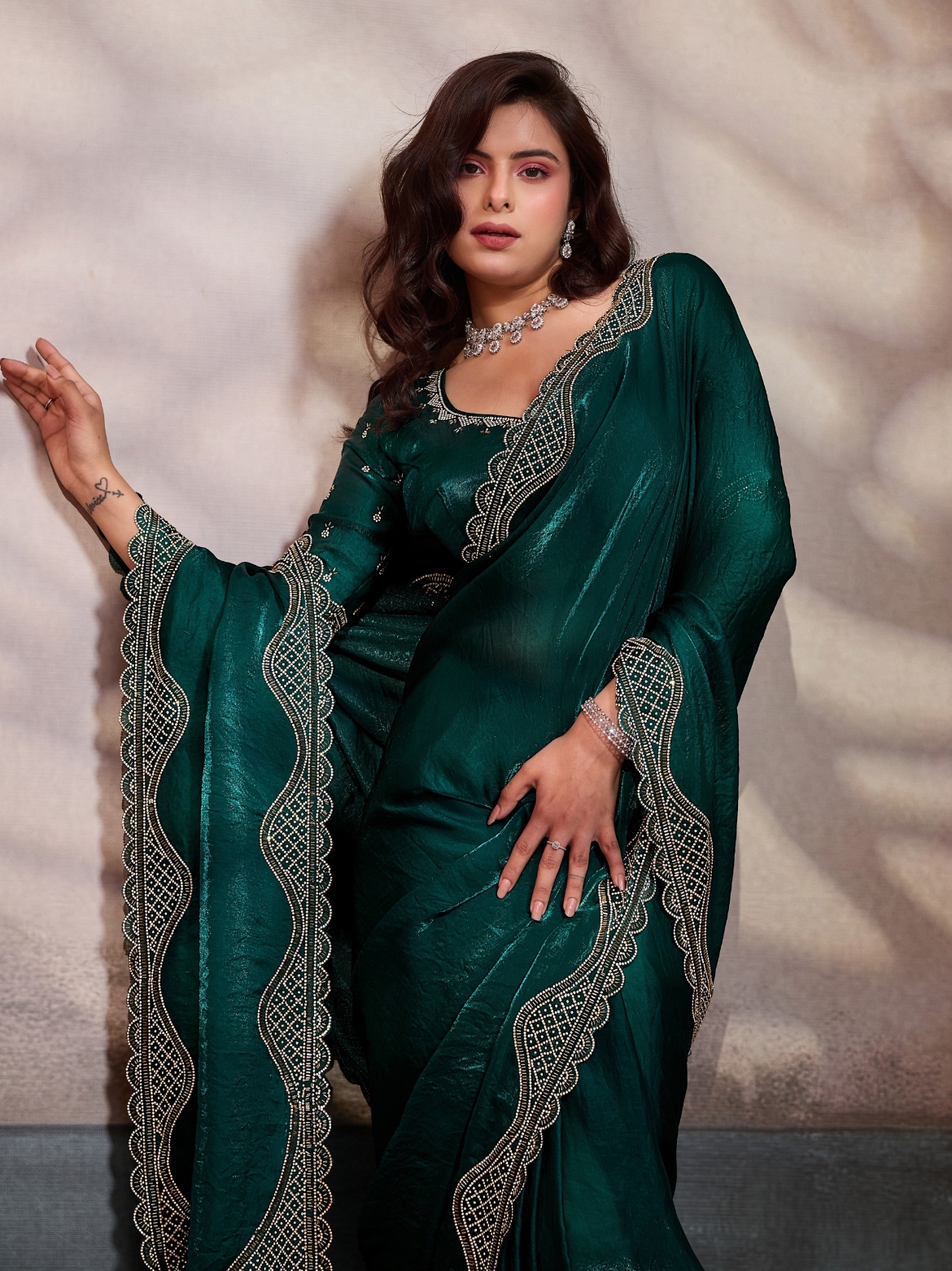 Emerald Cutdana Zarkan Velvet Satin Saree