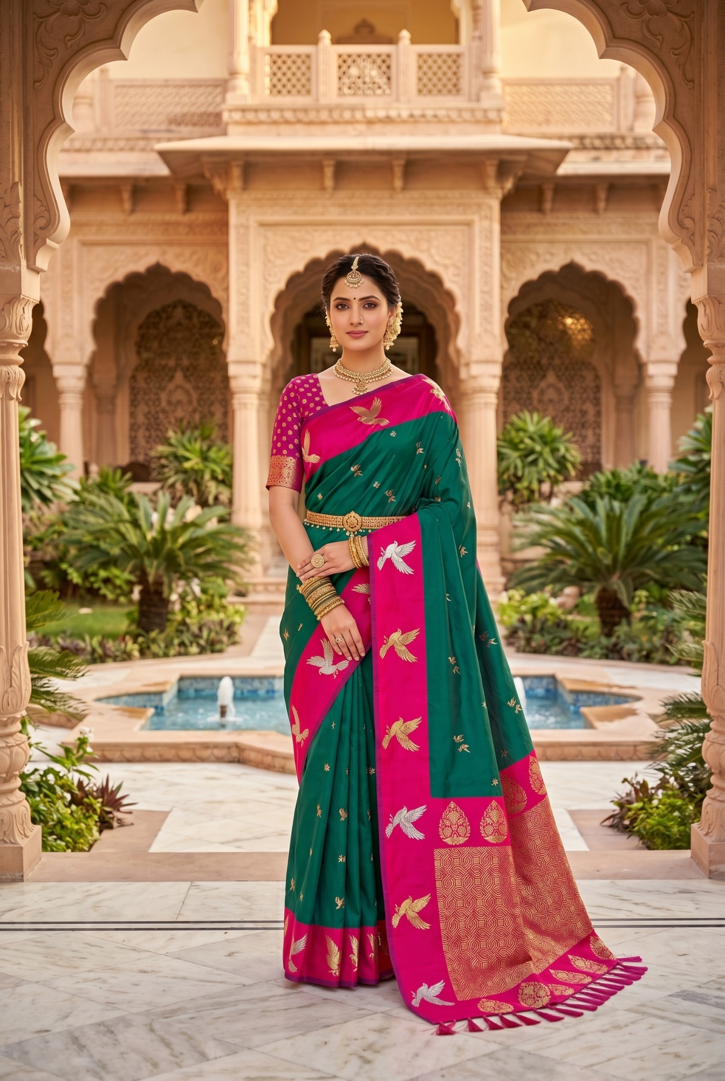 Emerald Green Bird Woven Soft Silk Saree