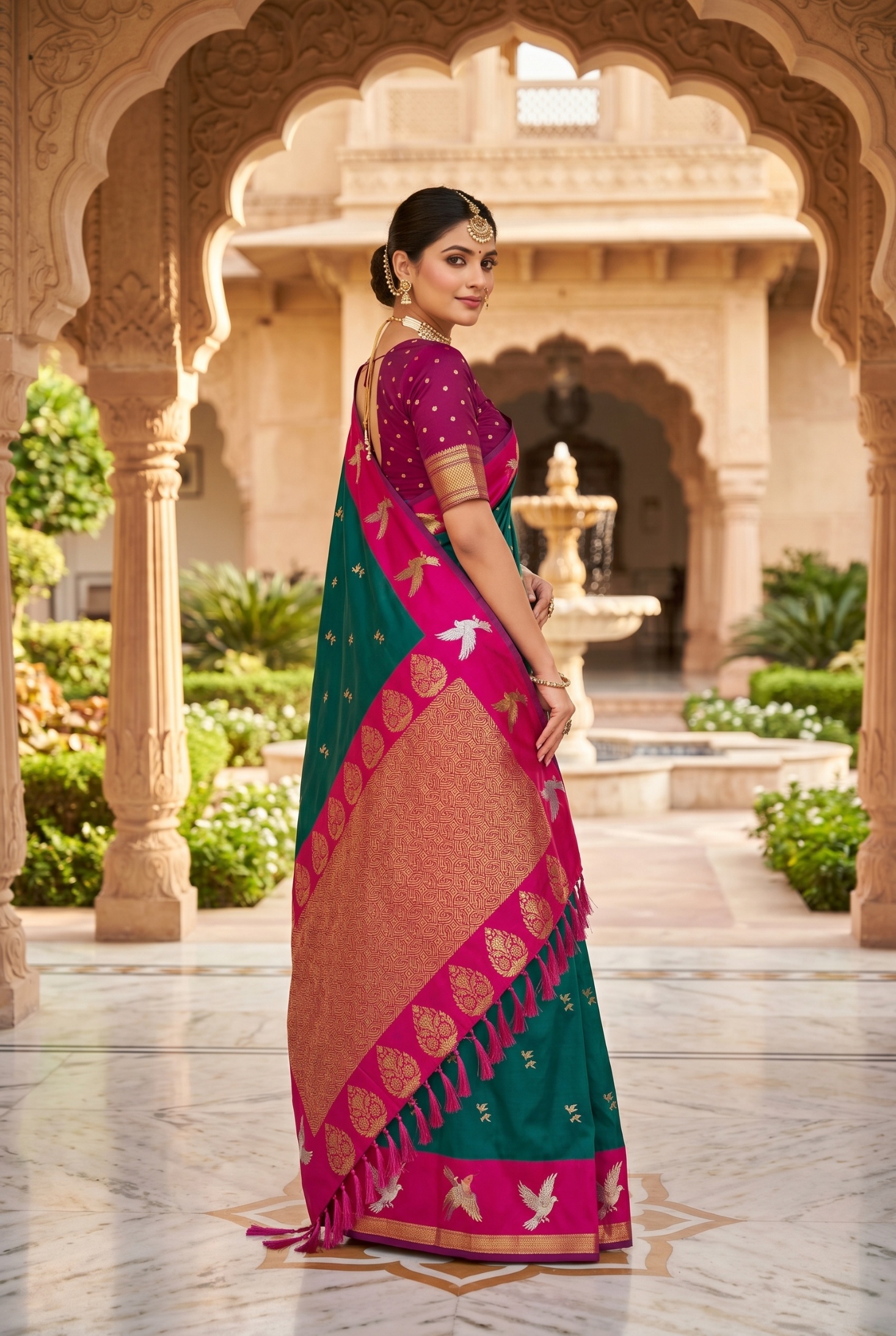 Emerald Green Bird Woven Soft Silk Saree — alternate view