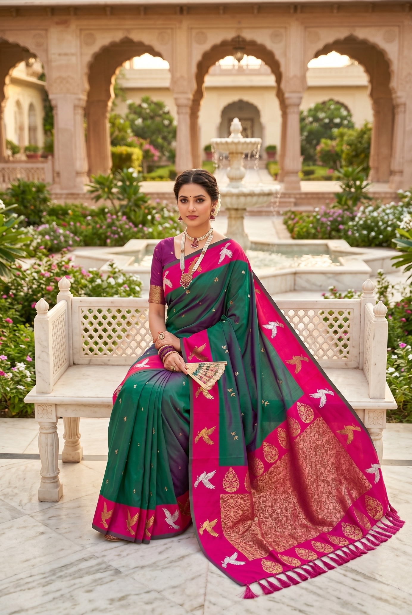 Emerald Green Bird Woven Soft Silk Saree