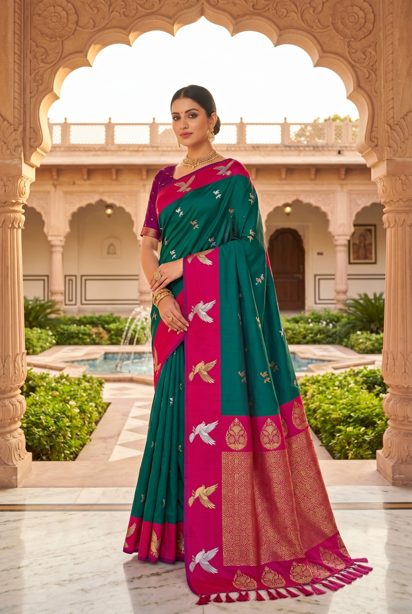 Emerald Green Bird Woven Soft Silk Saree