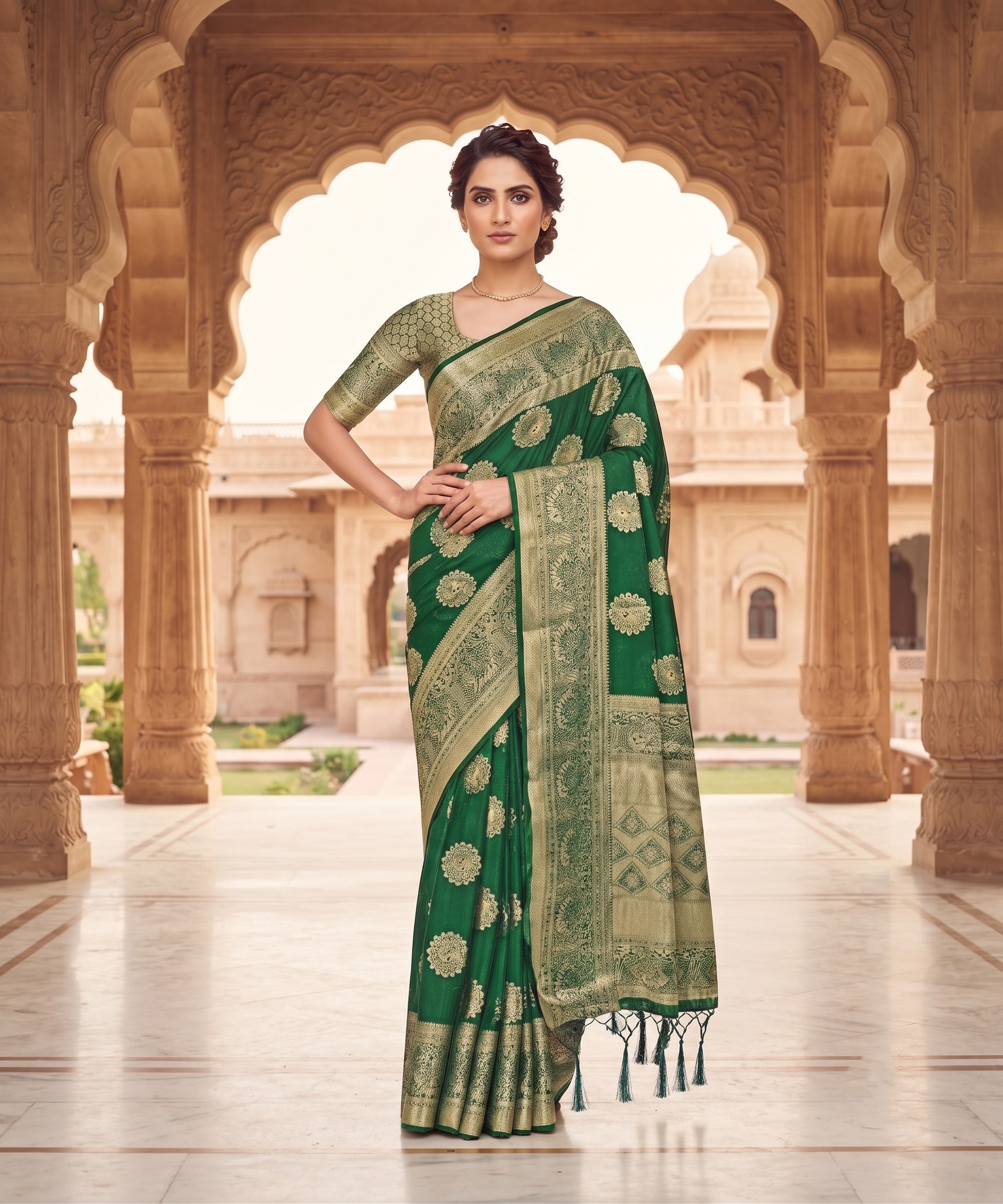Emerald Green Floral Buti Zari Woven Fendy Satin Saree