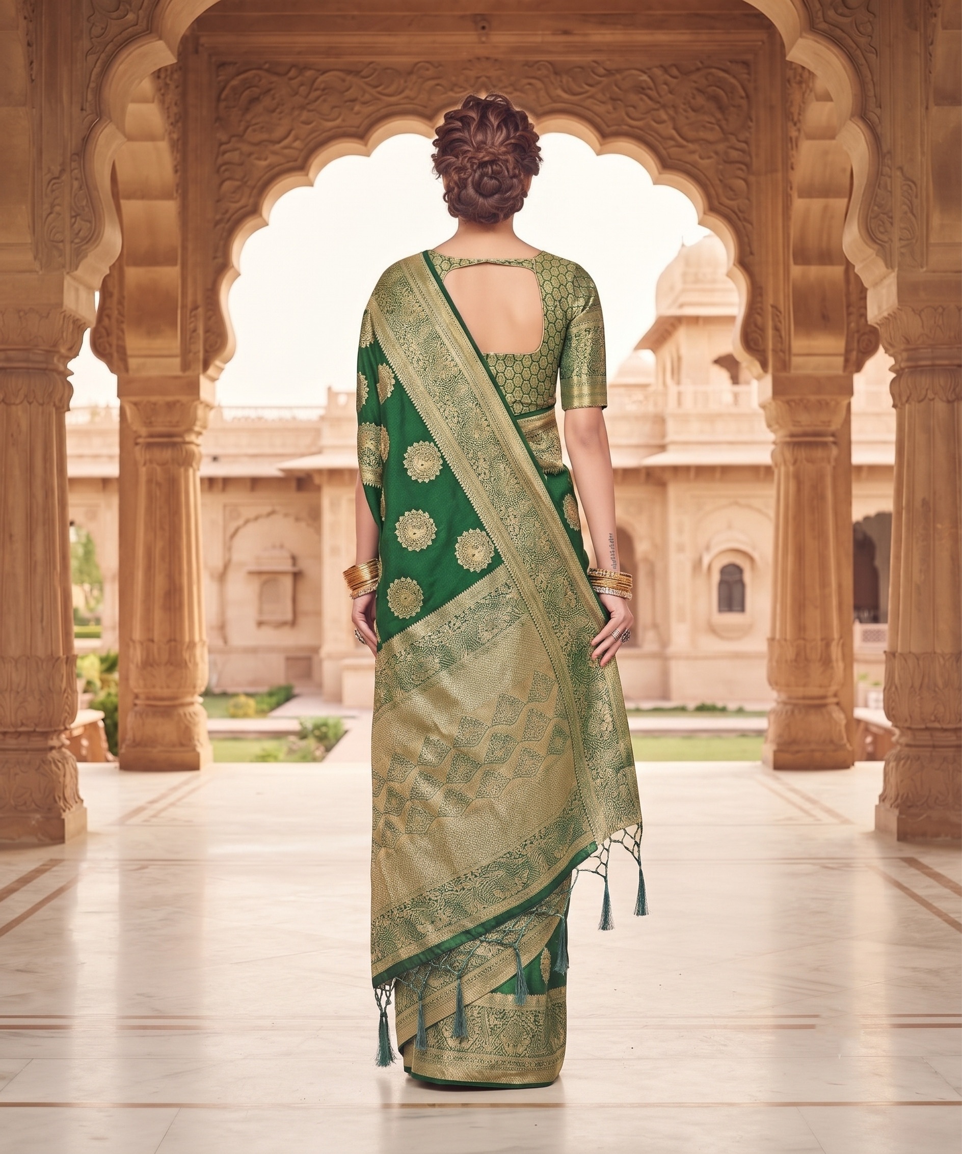 Emerald Green Floral Buti Zari Woven Fendy Satin Saree — alternate view