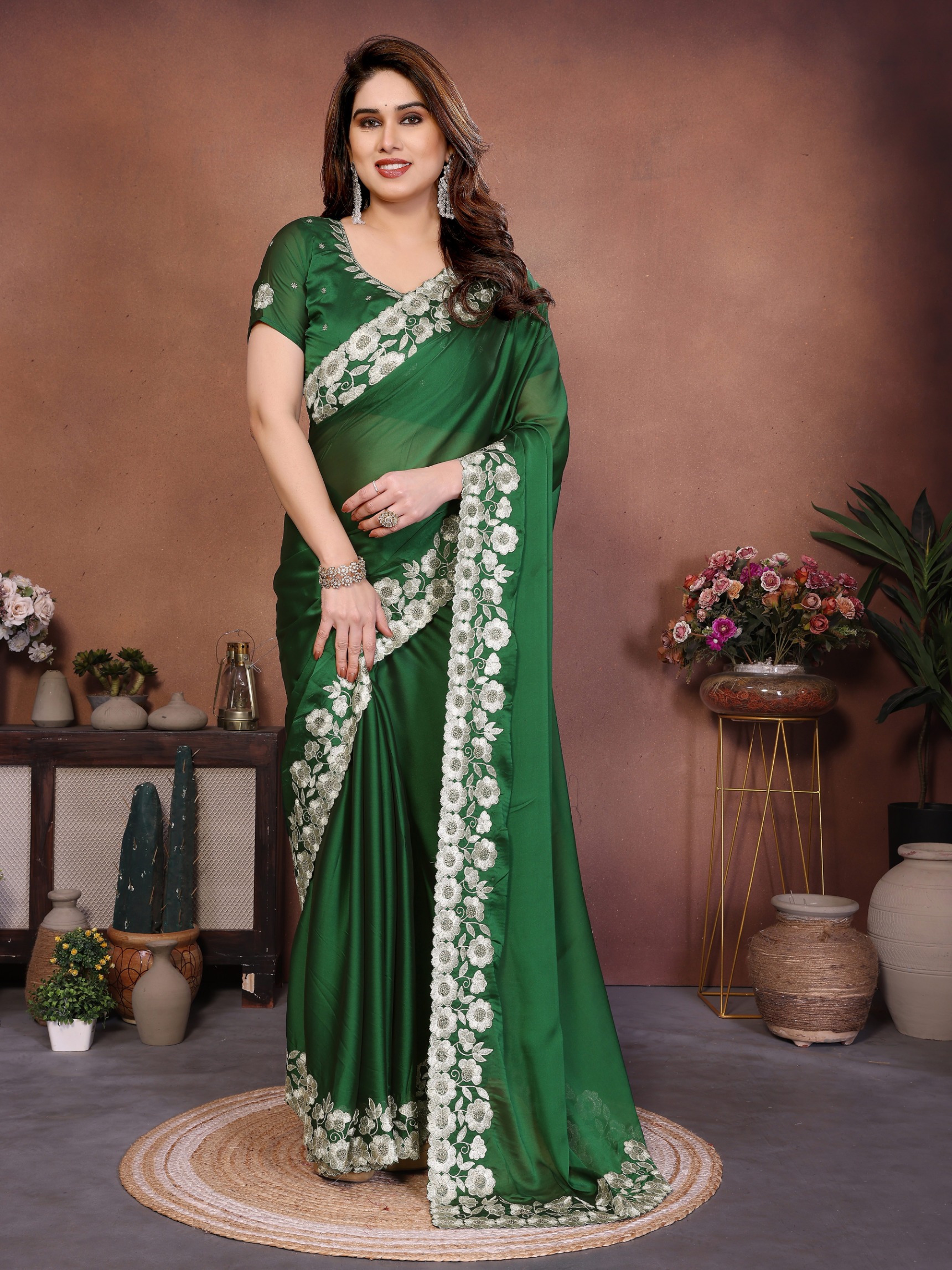 Emerald Green Floral Embroidered Rangoli Silk Designer Saree
