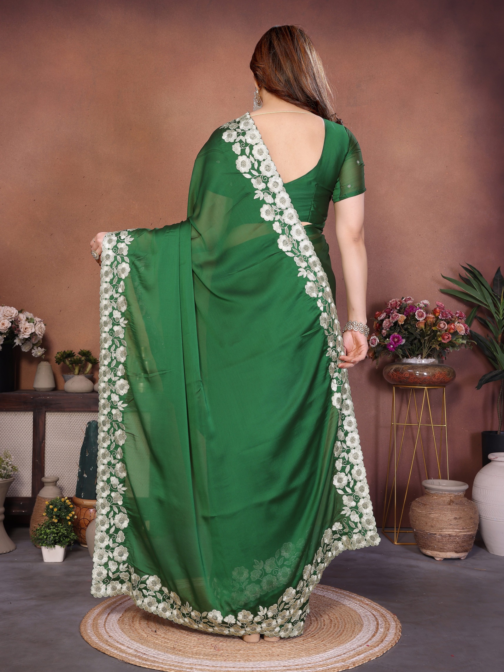 Emerald Green Floral Embroidered Rangoli Silk Designer Saree — alternate view