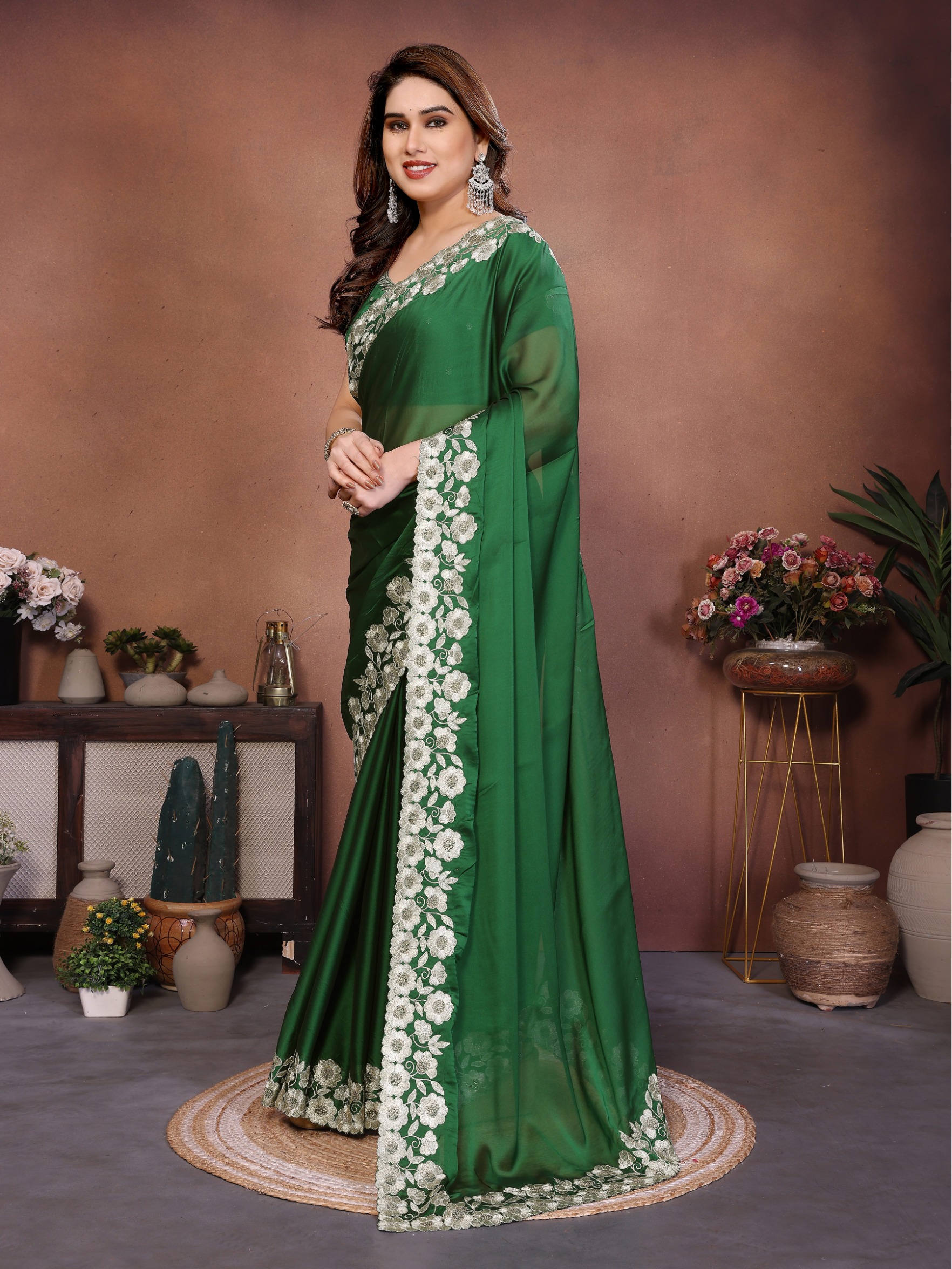 Emerald Green Floral Embroidered Rangoli Silk Designer Saree