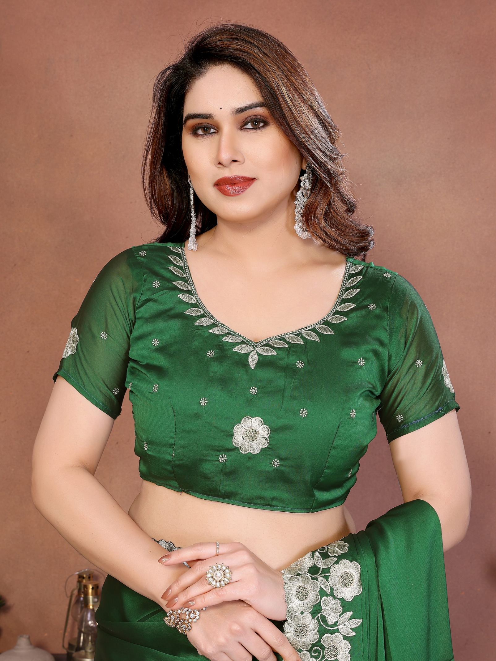 Emerald Green Floral Embroidered Rangoli Silk Designer Saree