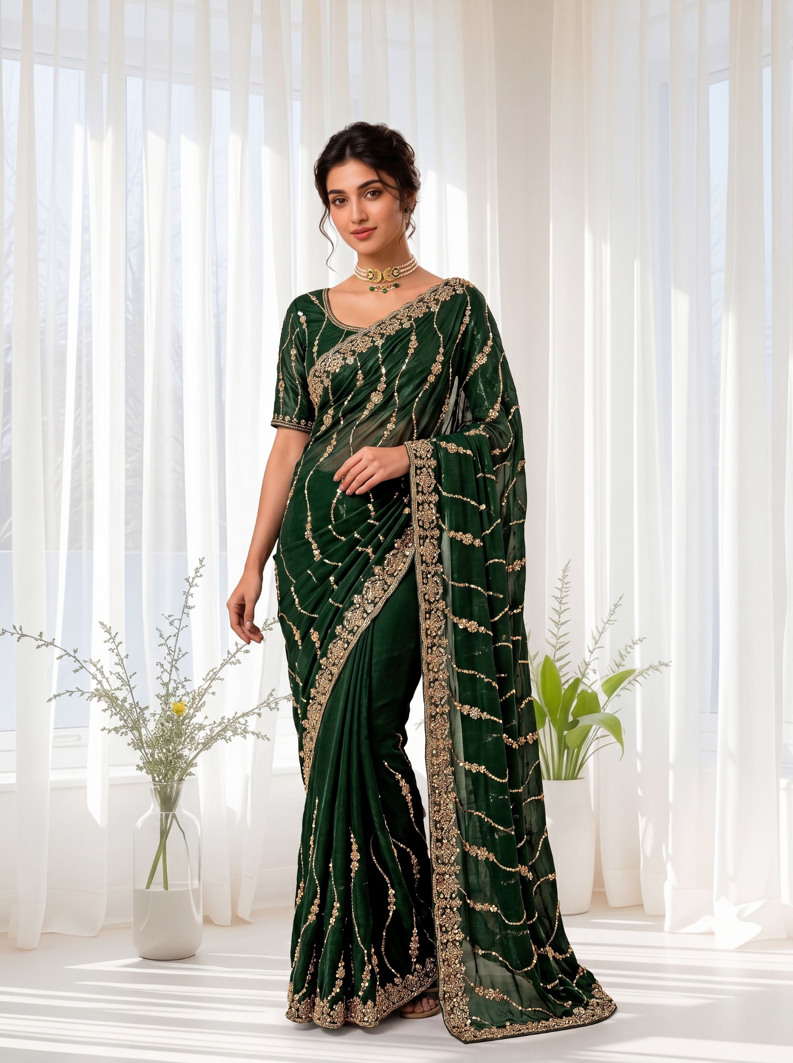 Emerald Green Floral Sequin Embroidered Space Silk Saree