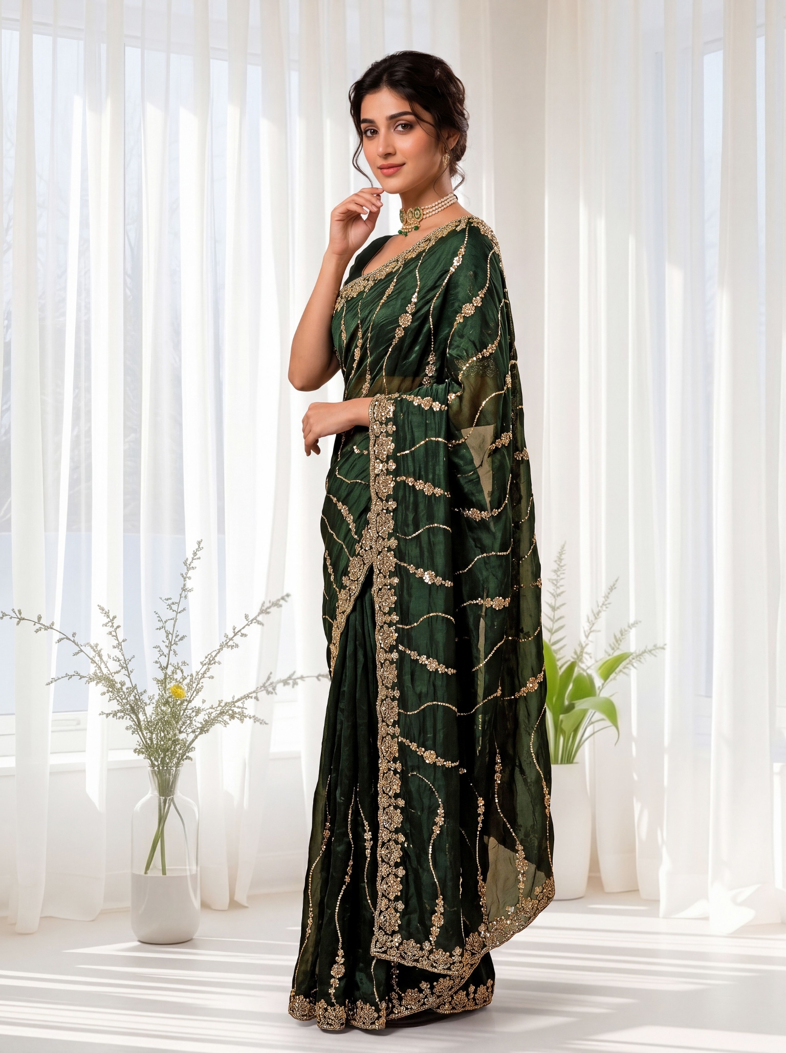 Emerald Green Floral Sequin Embroidered Space Silk Saree — alternate view