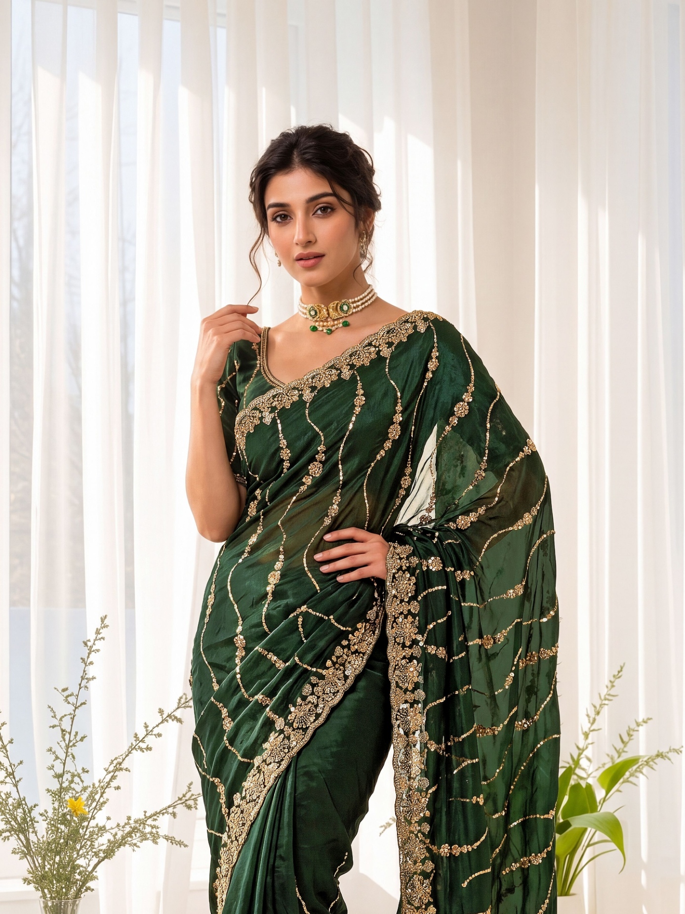 Emerald Green Floral Sequin Embroidered Space Silk Saree