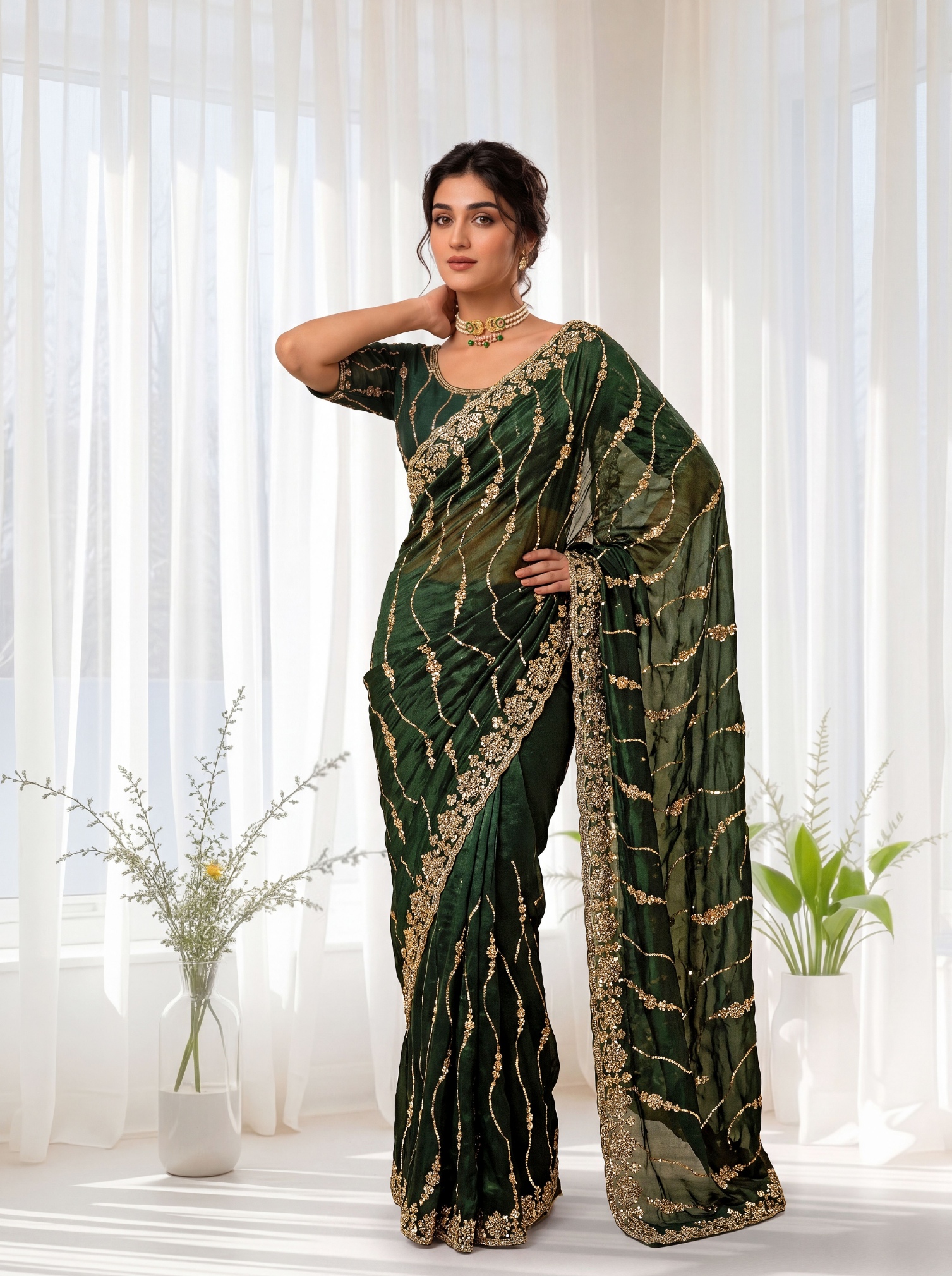 Emerald Green Floral Sequin Embroidered Space Silk Saree