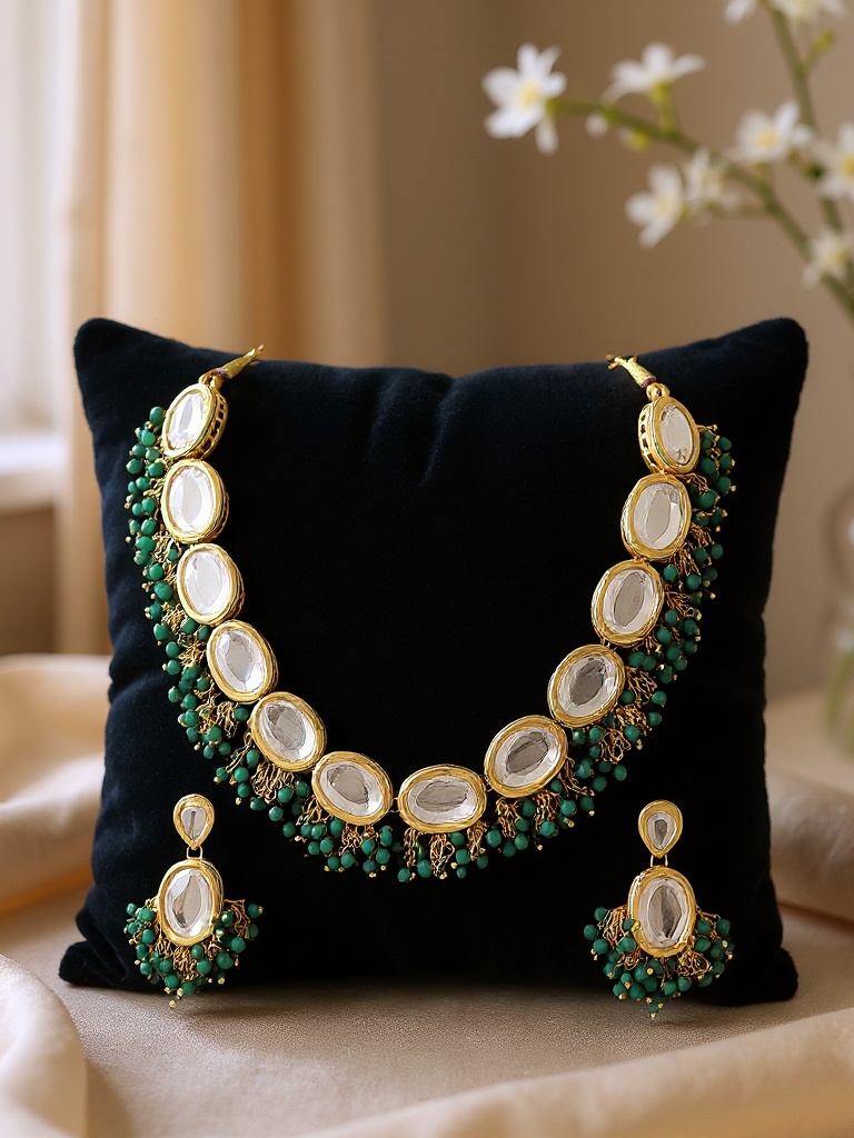 Emerald Green Kundan Beaded Necklace Set — alternate view