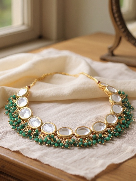 Emerald Green Kundan Beaded Necklace Set