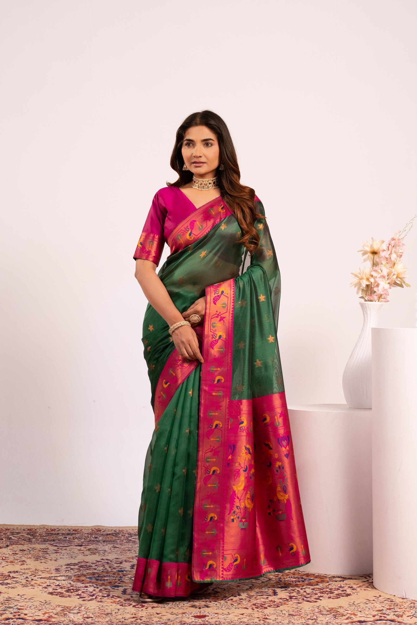 Emerald Green Paithani Tissue Silk Saree