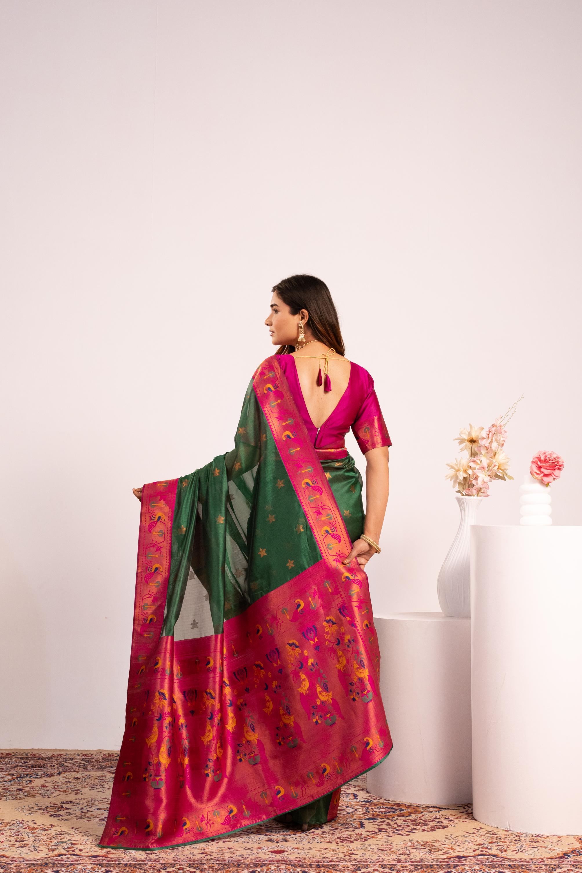 Emerald Green Paithani Tissue Silk Saree — alternate view