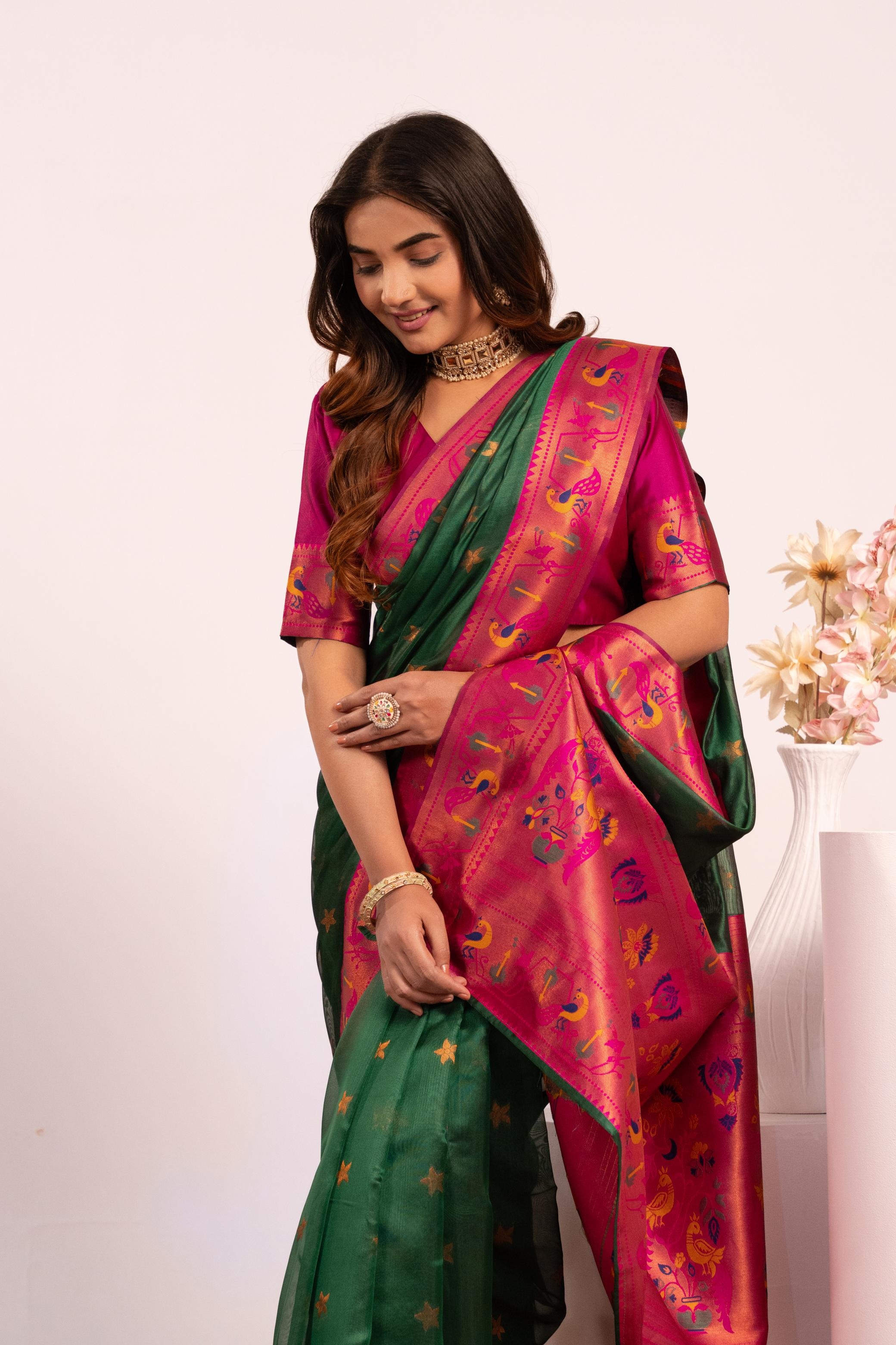 Emerald Green Paithani Tissue Silk Saree