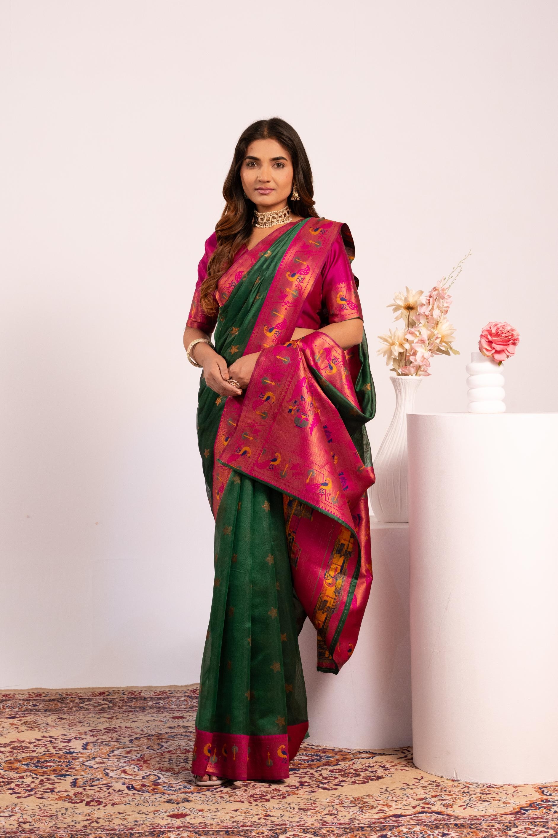 Emerald Green Paithani Tissue Silk Saree
