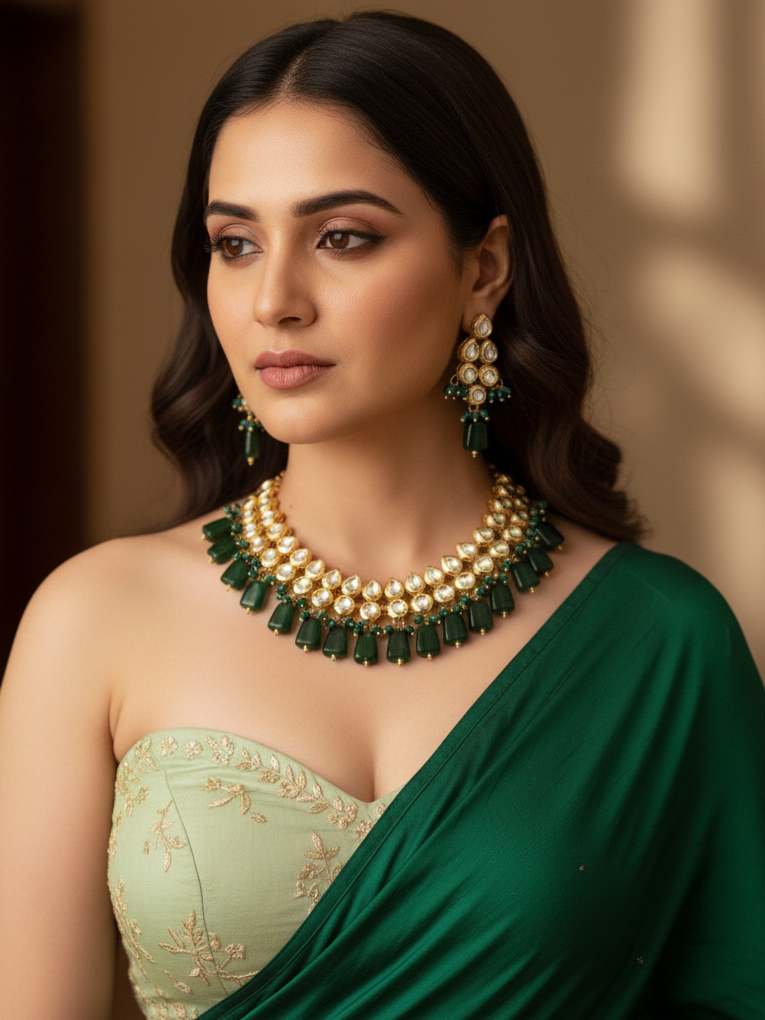 Emerald Green Traditional Kundan Brass Necklace Set