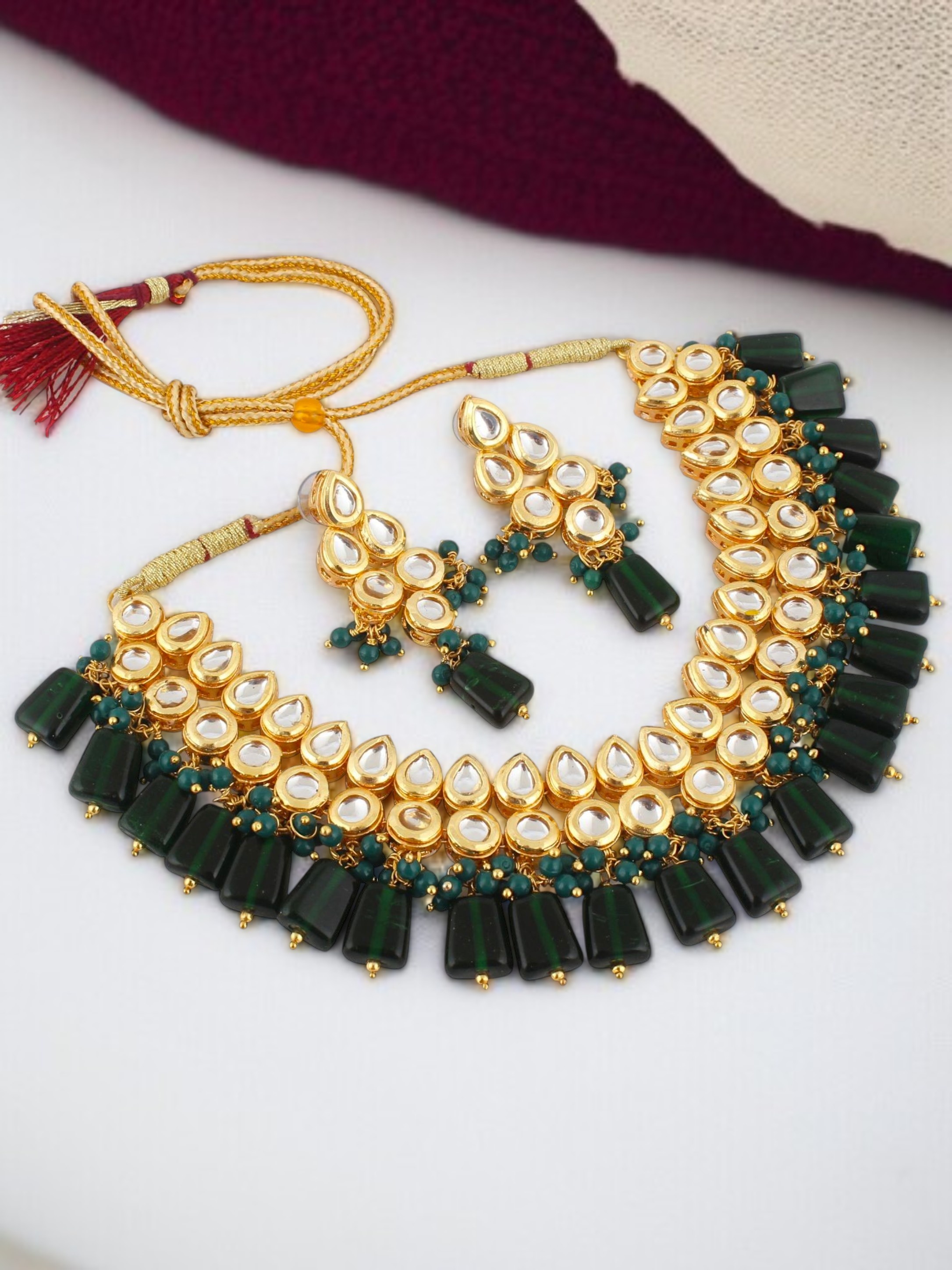 Emerald Green Traditional Kundan Brass Necklace Set — alternate view