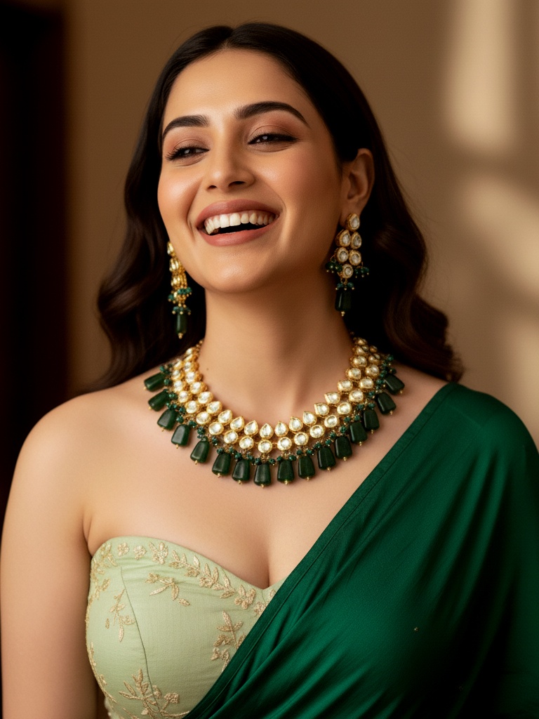 Emerald Green Traditional Kundan Brass Necklace Set