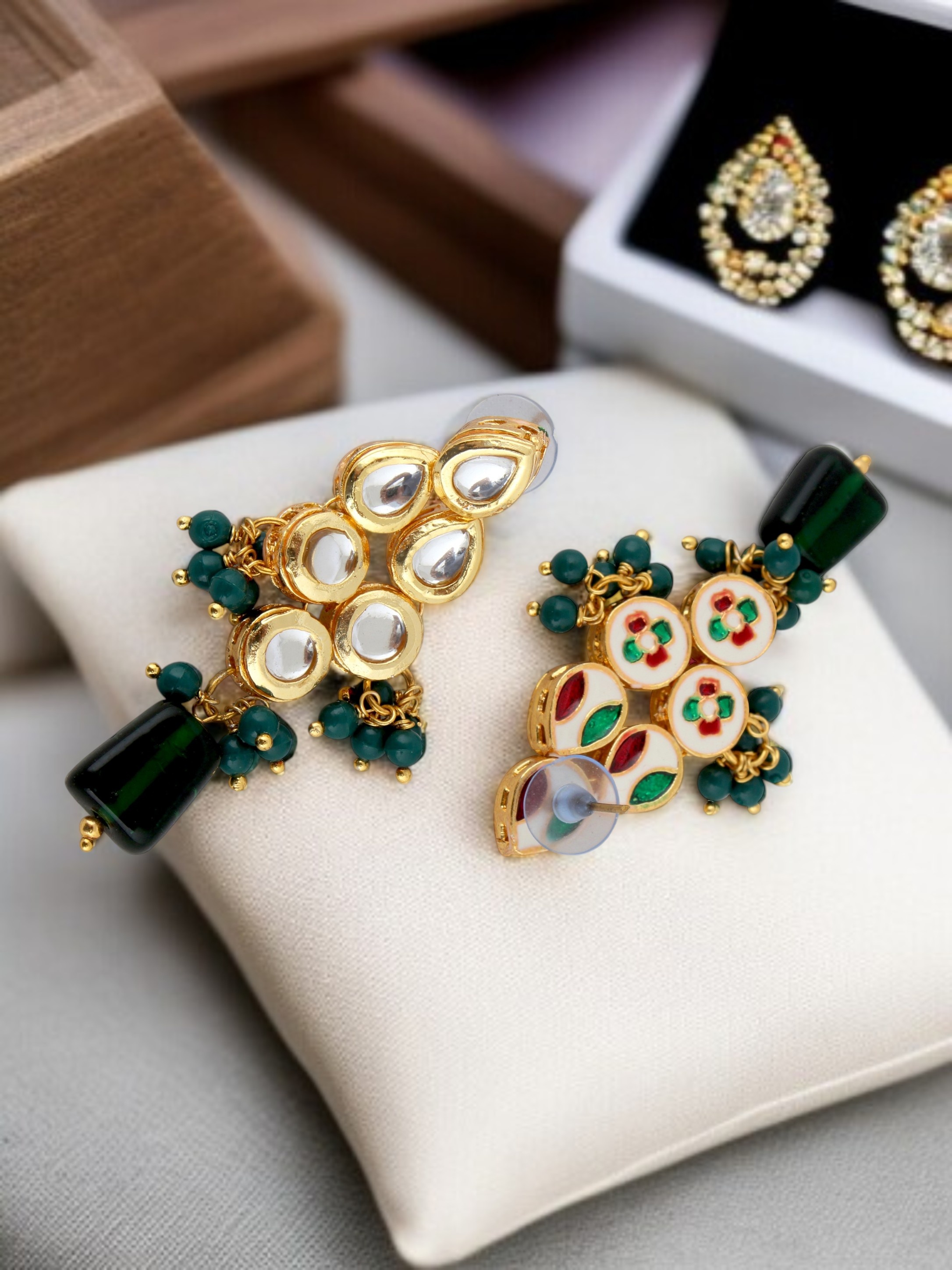 Emerald Green Traditional Kundan Brass Necklace Set