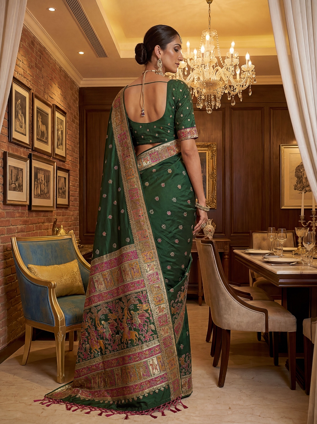 Emerald Green Virana Silk Celebration Saree — alternate view