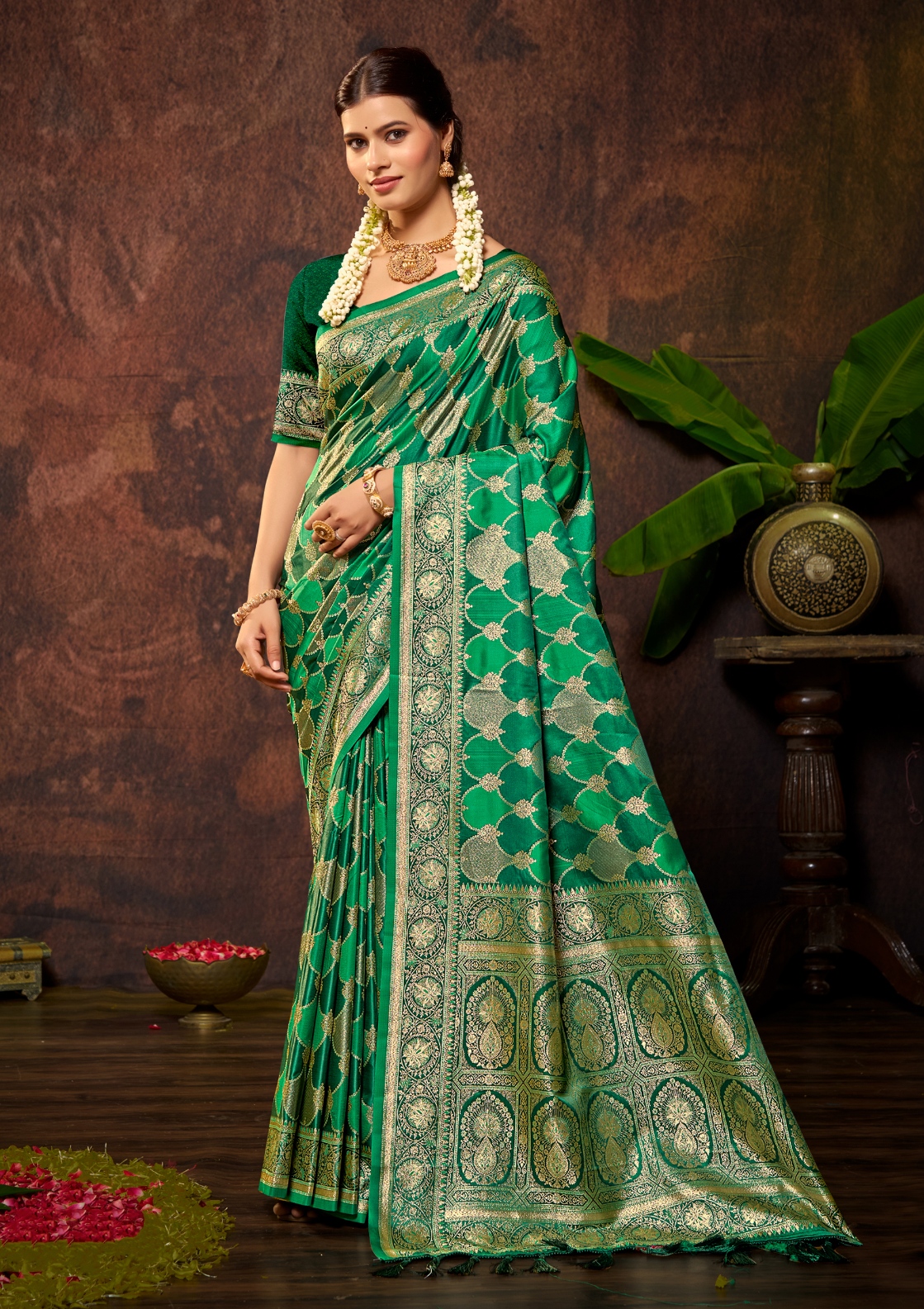 Emerald Green Woven Designer Satin Silk Saree — alternate view
