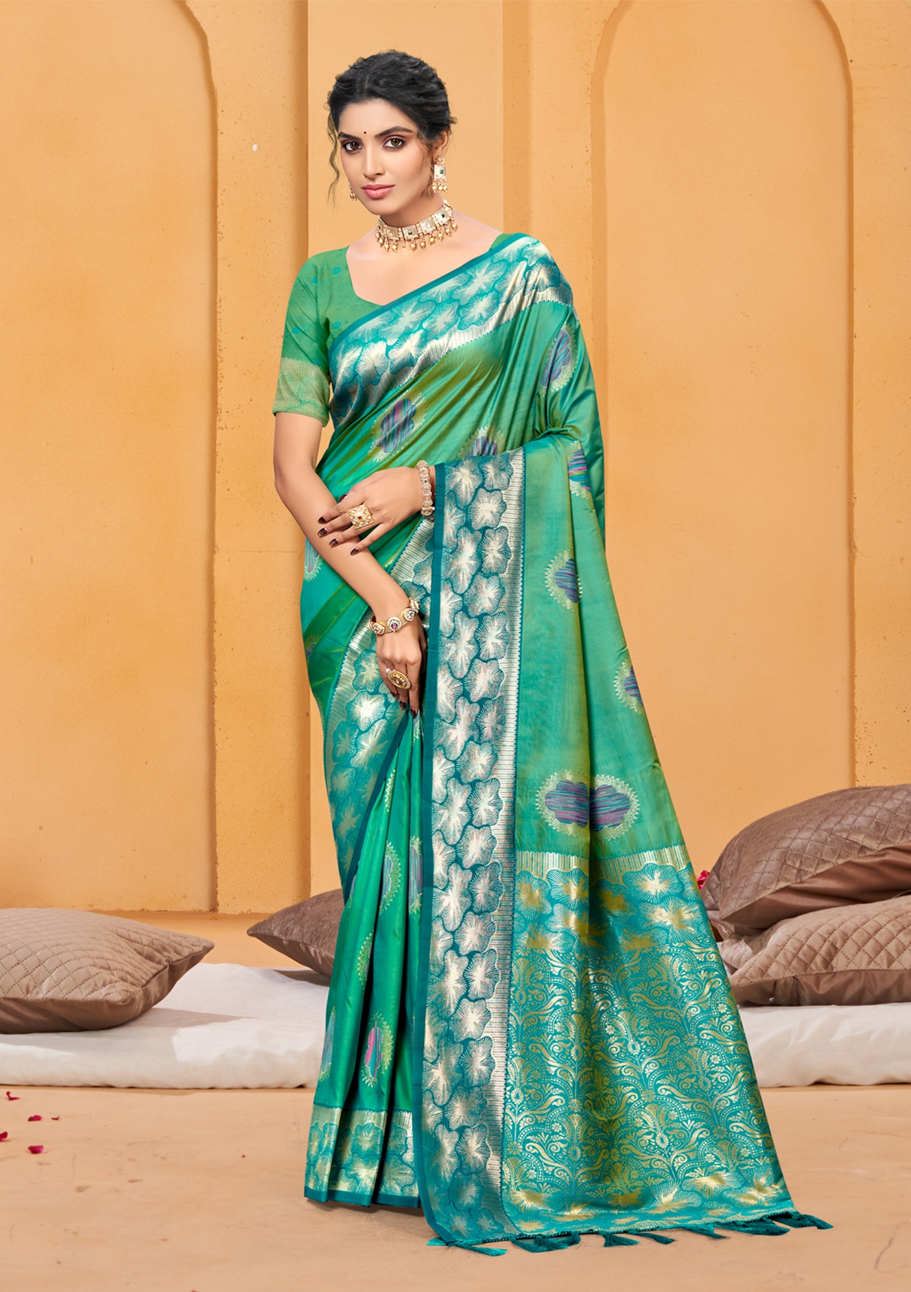 Emerald Green Woven Designer Soft Silk Saree