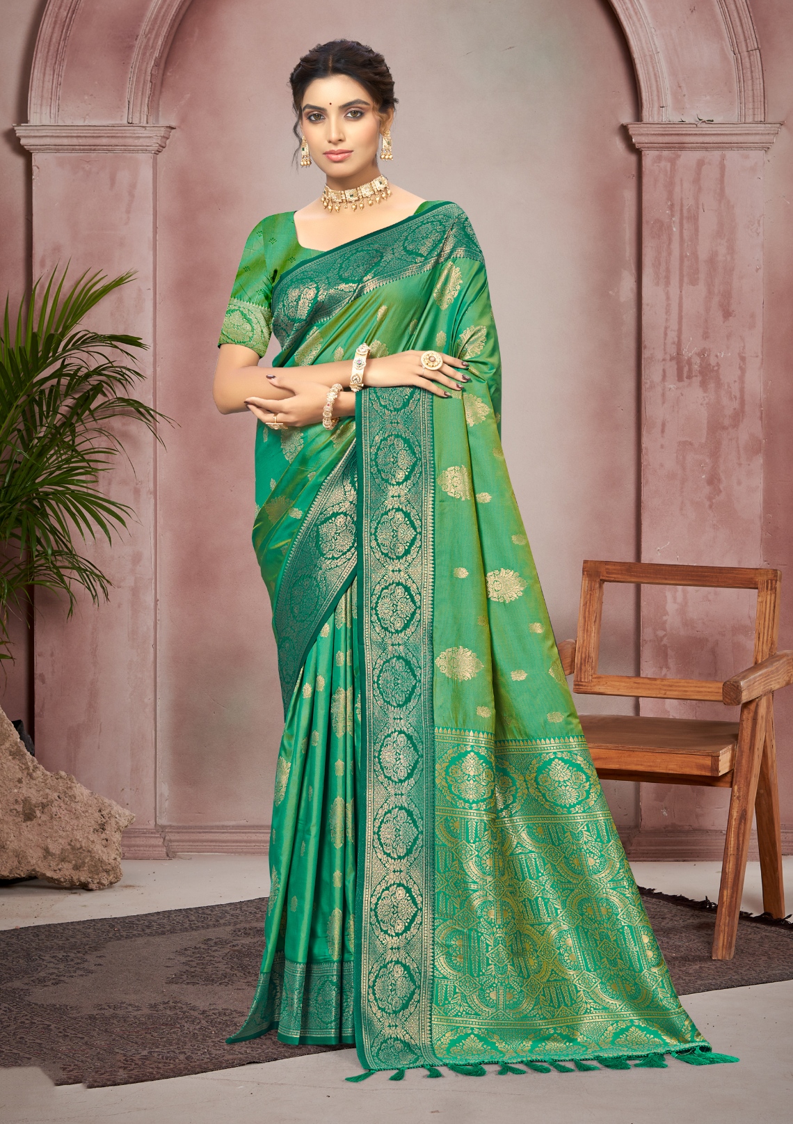 Emerald Green Woven Designer Soft Silk Saree — alternate view
