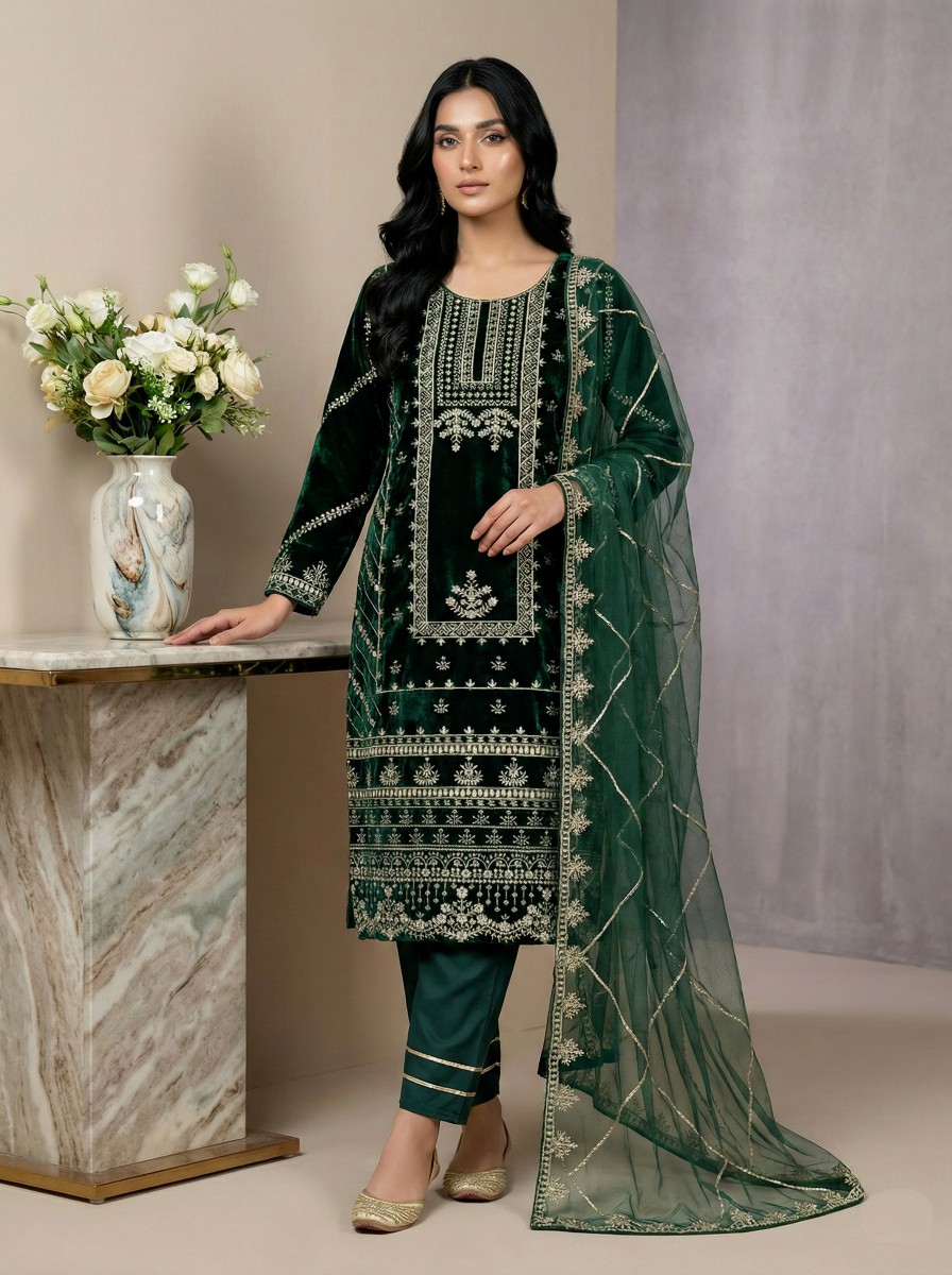 Emerald Luxe Heavy Embroidered Velvet Suit
