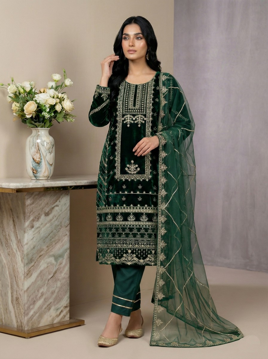 Emerald Luxe Heavy Embroidered Velvet Suit