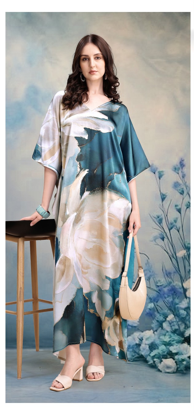 Emerald Mist Floral Digital Printed Satin Kaftan