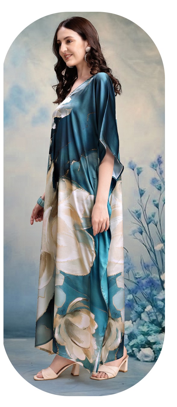 Emerald Mist Floral Digital Printed Satin Kaftan