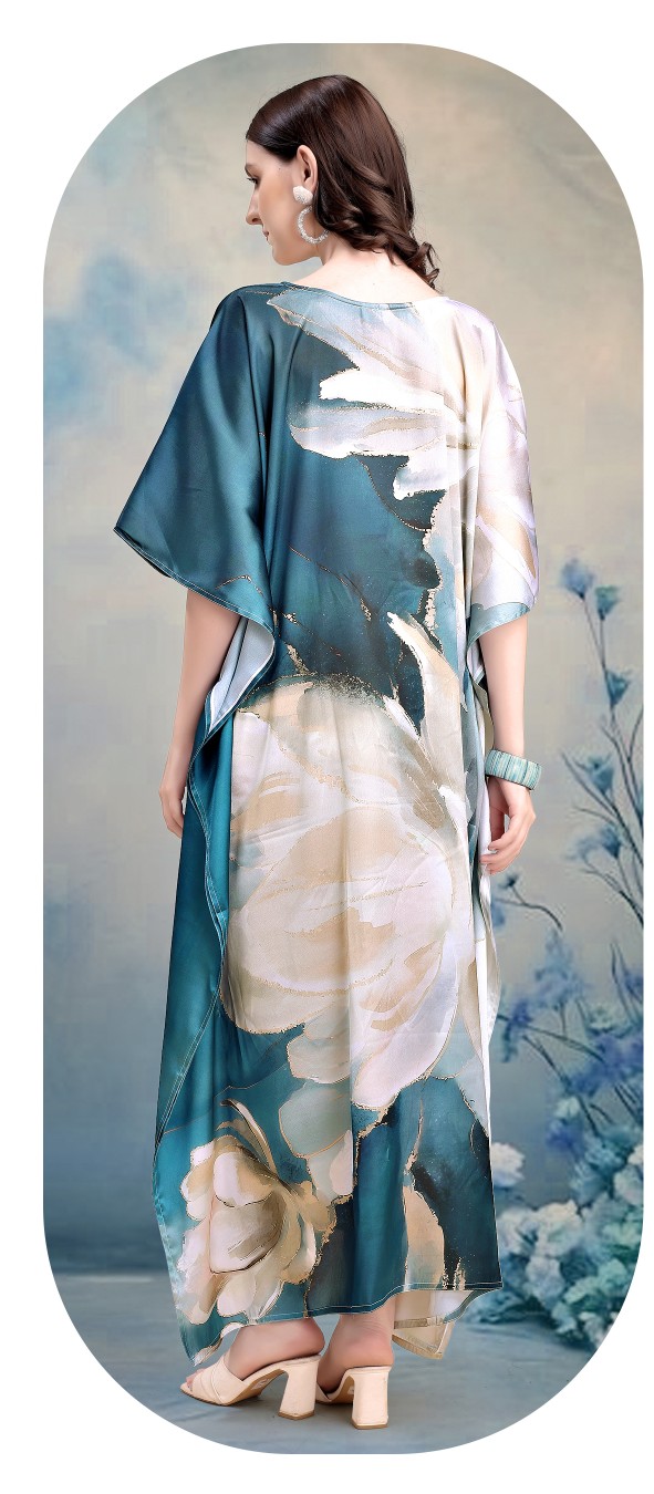 Emerald Mist Floral Digital Printed Satin Kaftan