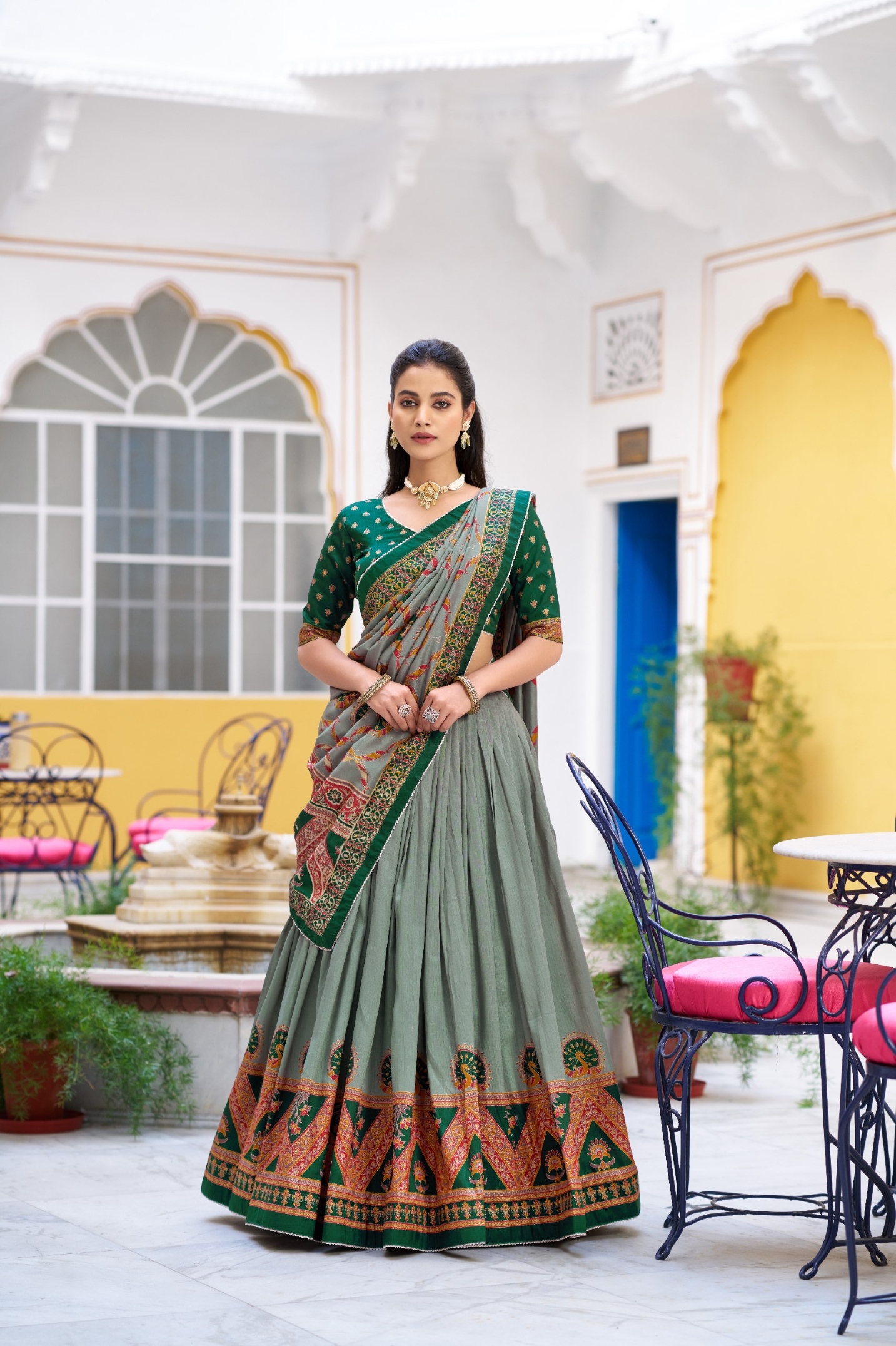 Emerald Mughal Zari Tussar Silk Lehenga Choli