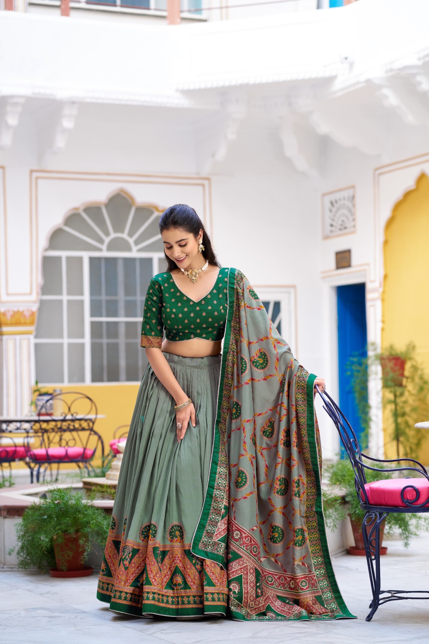 Emerald Mughal Zari Tussar Silk Lehenga Choli — alternate view