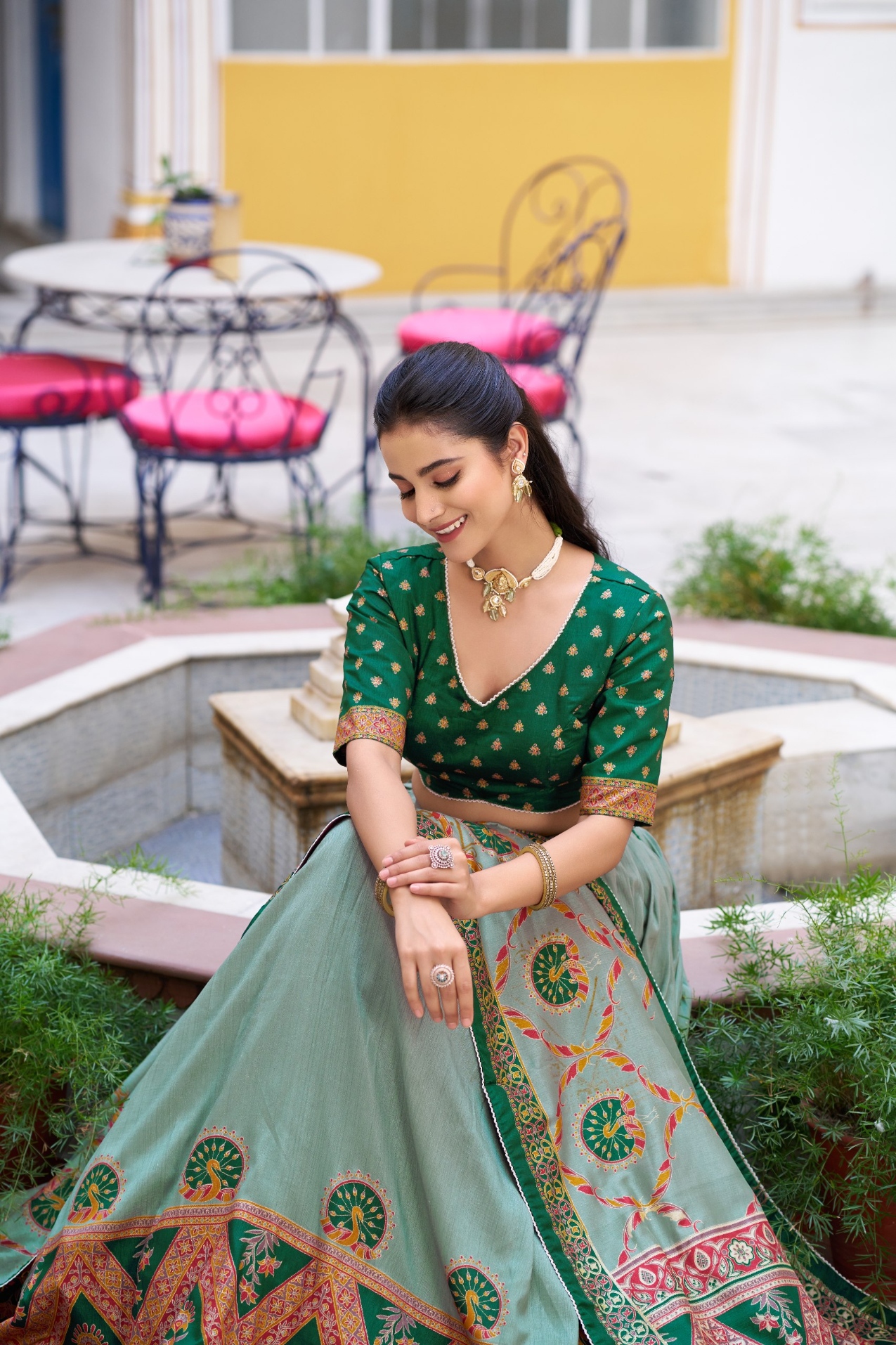 Emerald Mughal Zari Tussar Silk Lehenga Choli