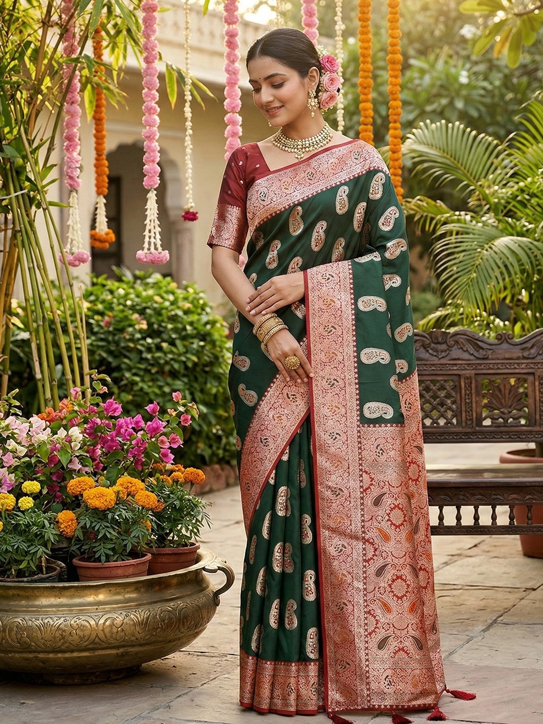 Emerald Paisley Woven Silk Blend Festive Saree