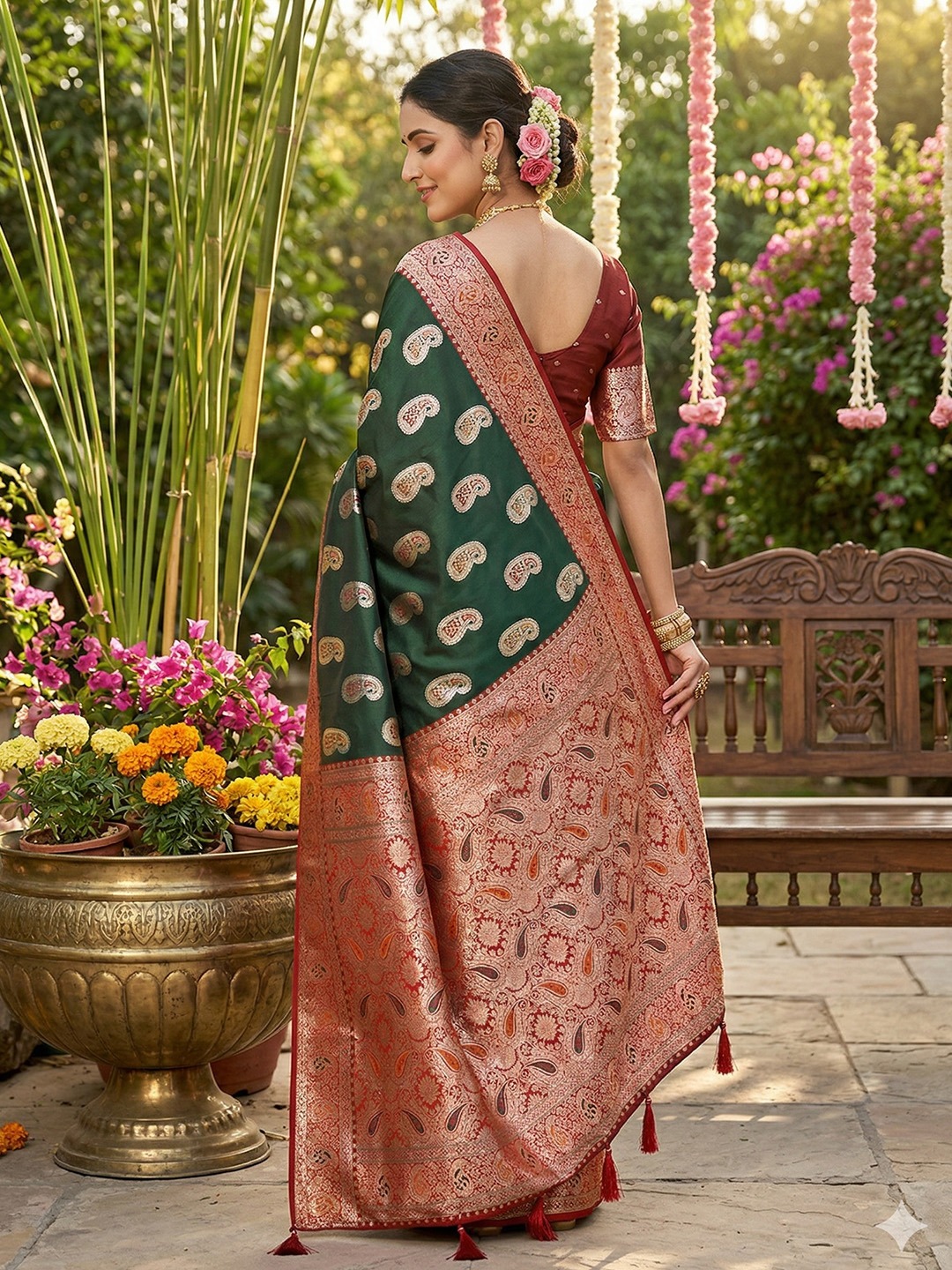 Emerald Paisley Woven Silk Blend Festive Saree — alternate view