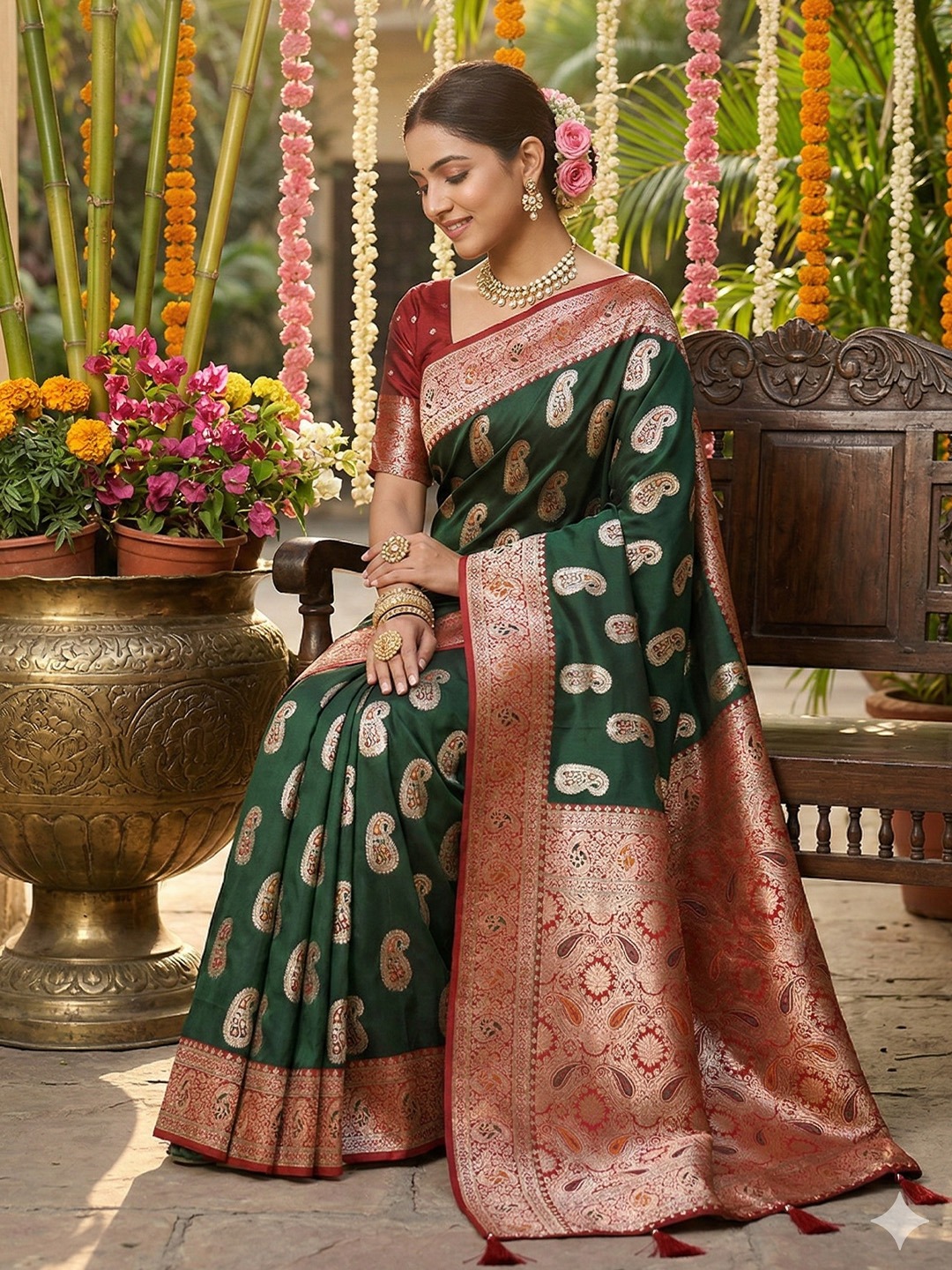 Emerald Paisley Woven Silk Blend Festive Saree