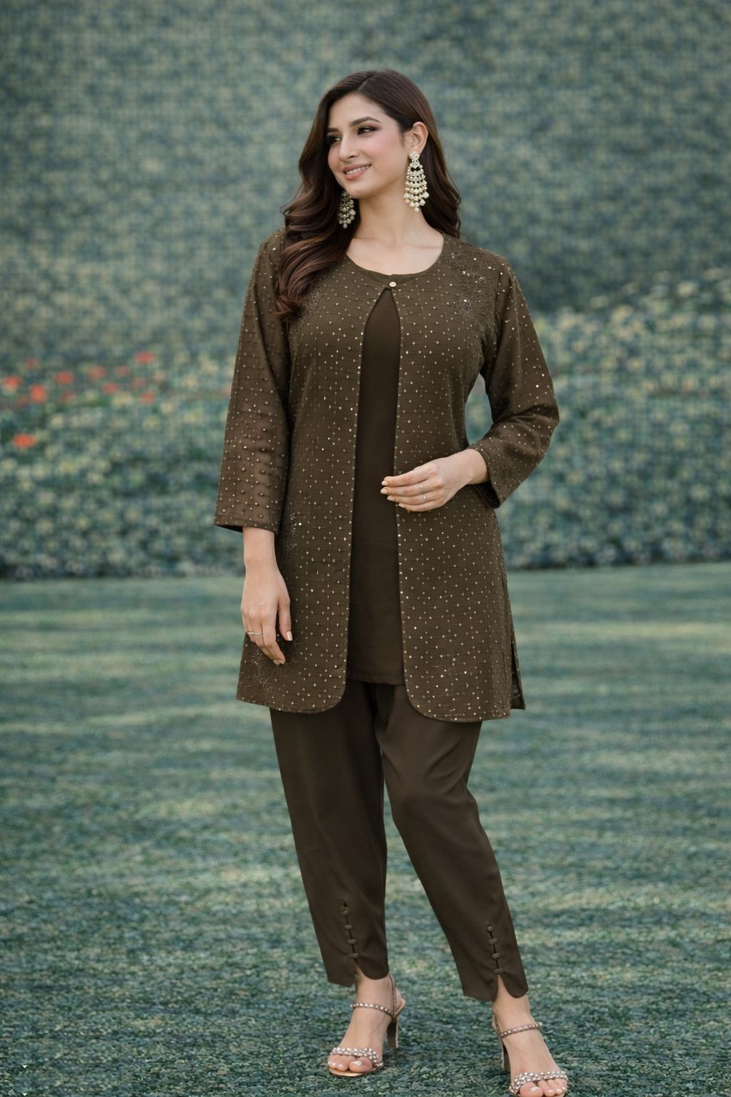 Espresso Brown Georgette Minimal Embroidery Sequence Work Koti Coord Set