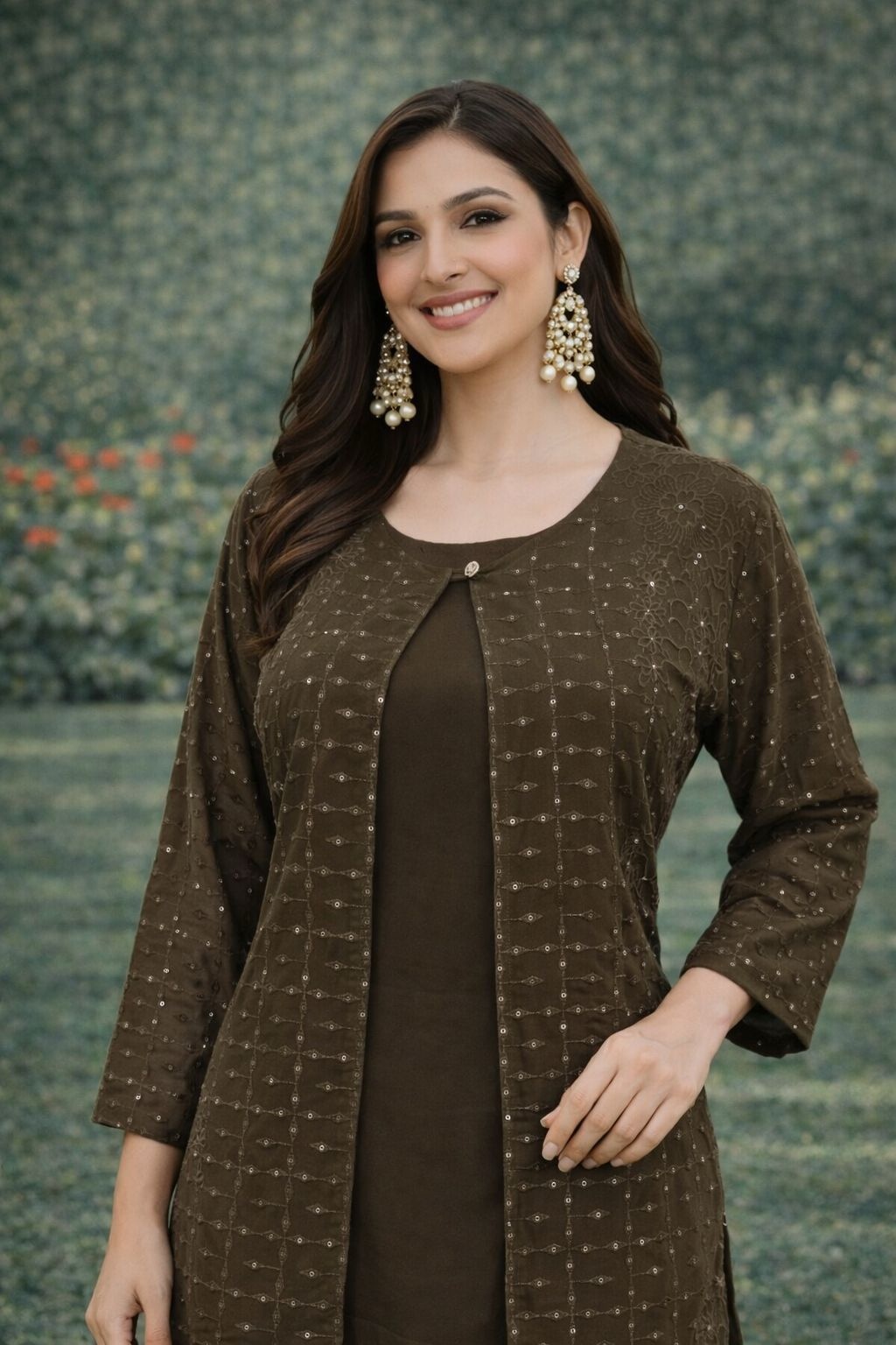 Espresso Brown Georgette Minimal Embroidery Sequence Work Koti Coord Set