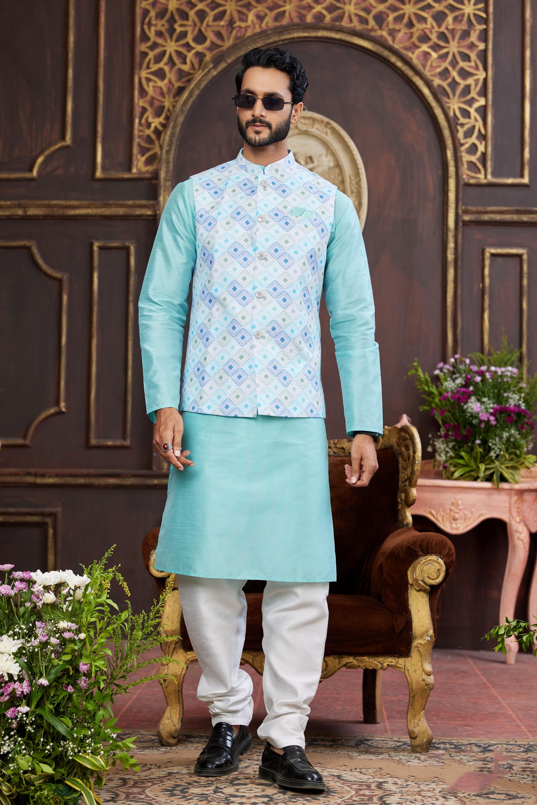 Firozi Art Silk Jacket Kurta Payjama