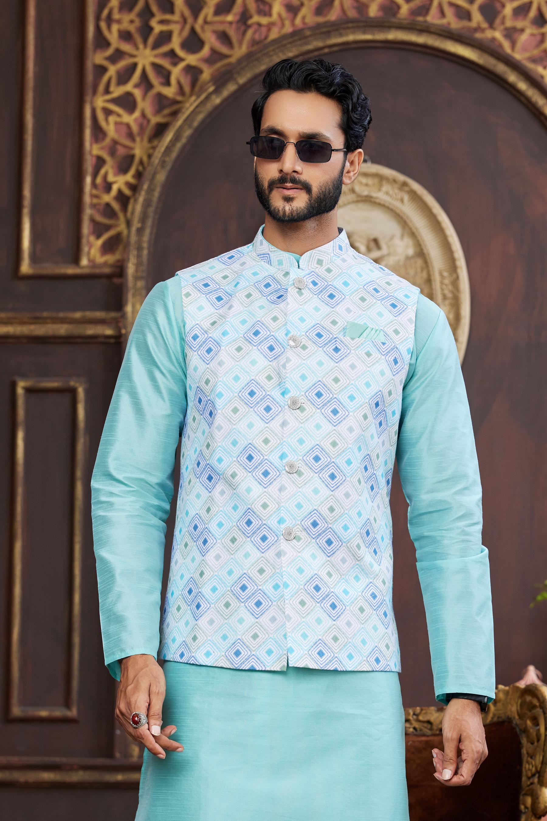 Firozi Art Silk Jacket Kurta Payjama — alternate view