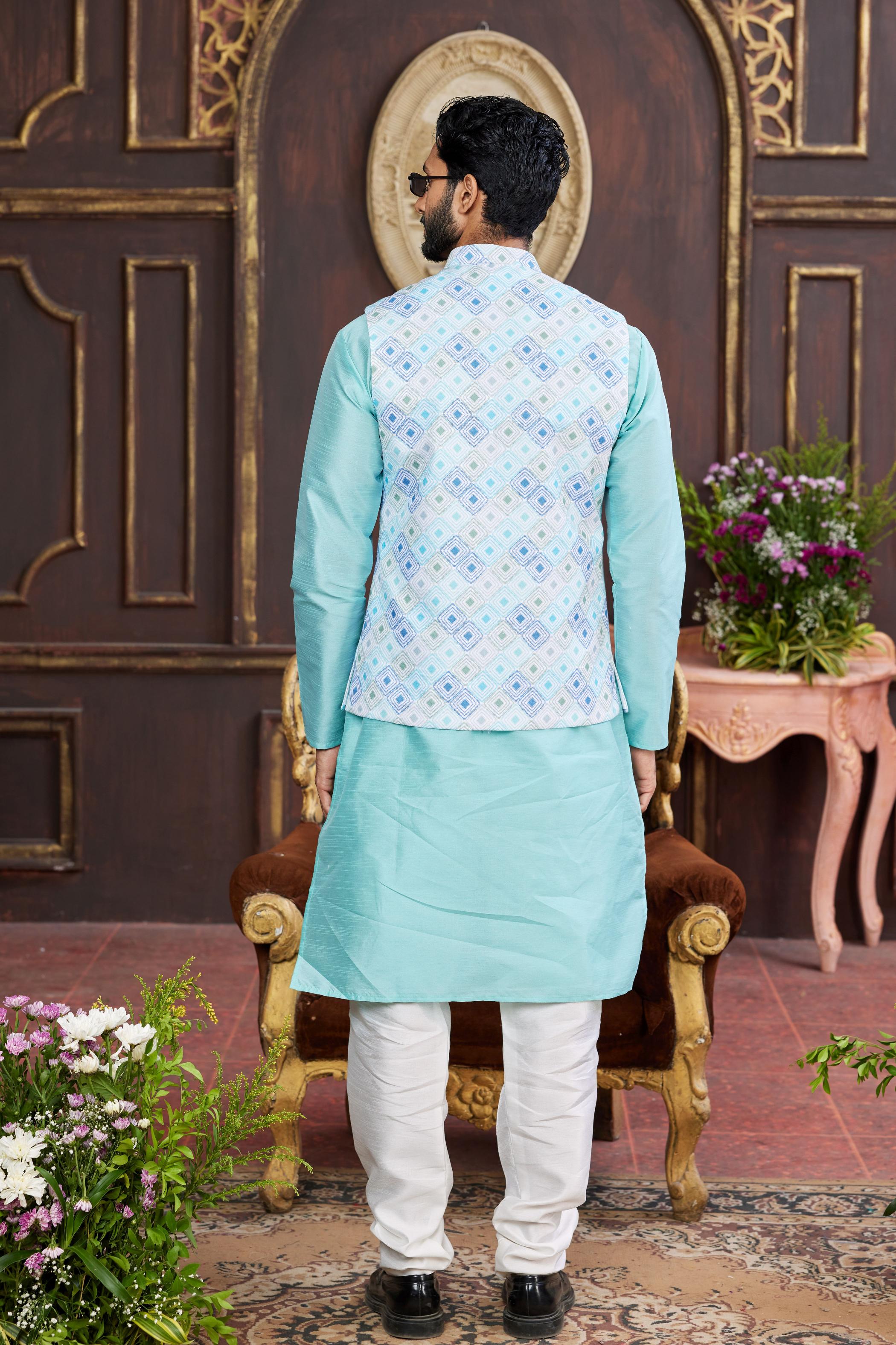 Firozi Art Silk Jacket Kurta Payjama