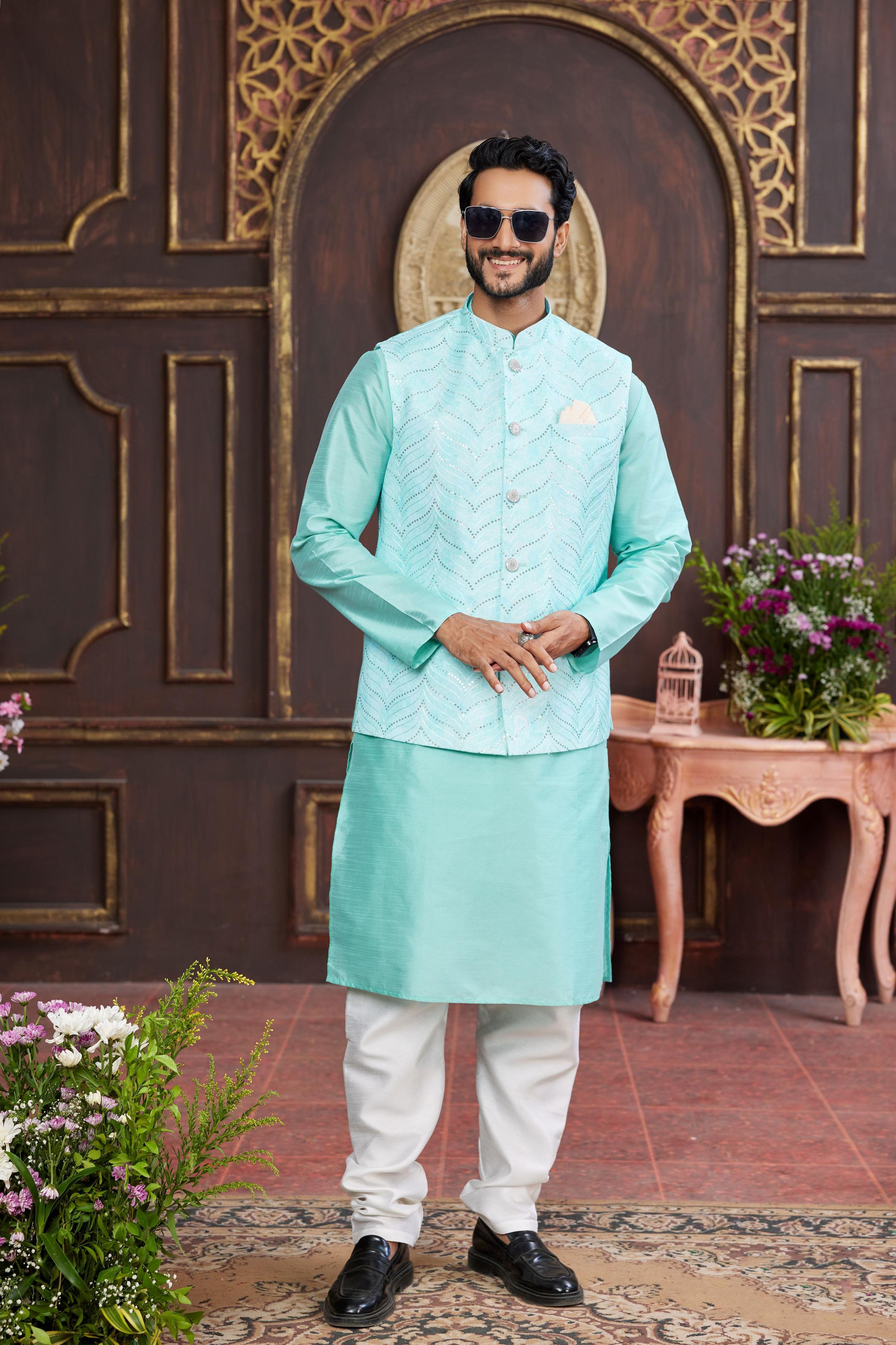 Firozi Art Silk Jacket Kurta Payjama